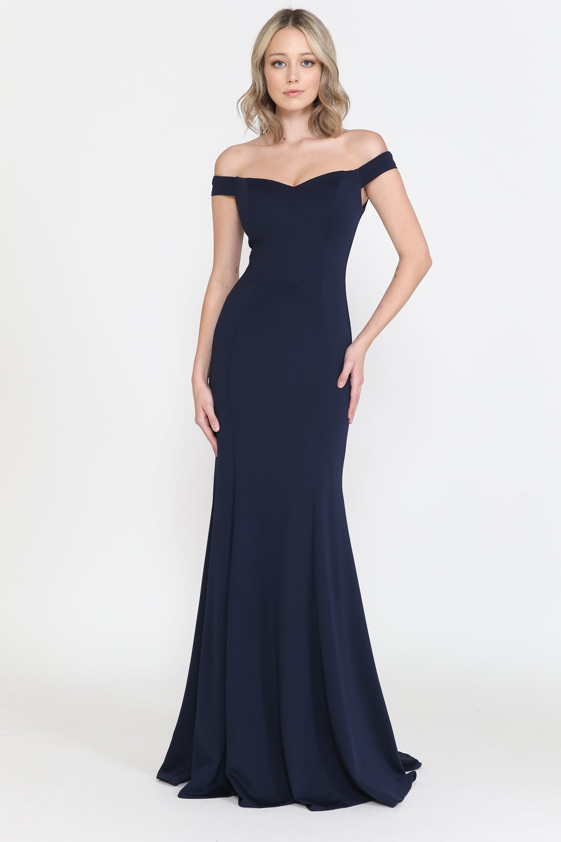 Navy Off-the-Shoulder Floor-Length Heavy Jersey Prom Gown with Side Slit Poly USA 8160