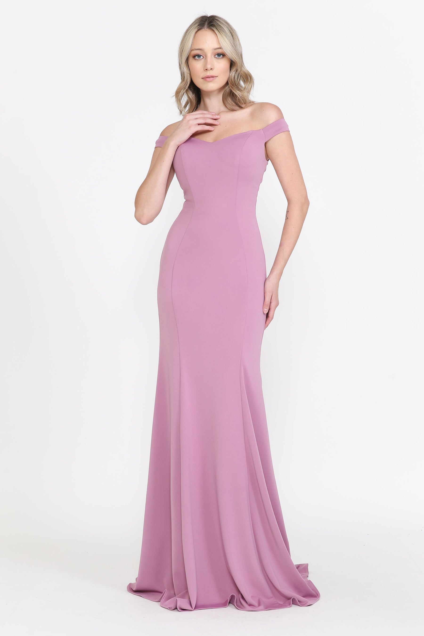 Violet Off-the-Shoulder Floor-Length Heavy Jersey Prom Gown with Side Slit Poly USA 8160