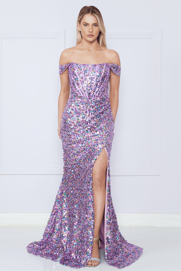 Off the Shoulder Floor Length Sequin Prom Gown with High Slit Formal Gown Poly USA 9150