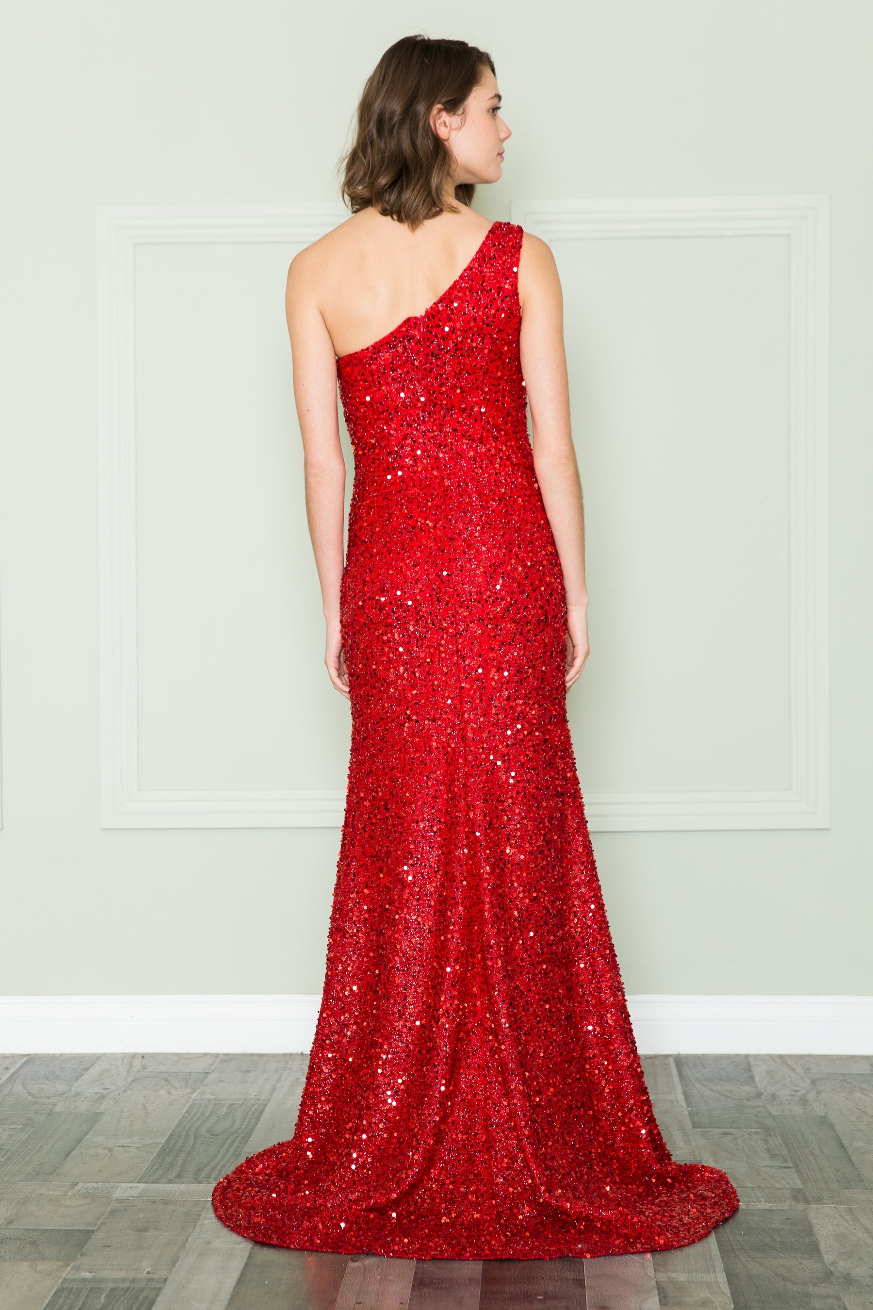 Red One-Shoulder Floor-Length Sequin Prom Dress with High Slit Poly USA 8874