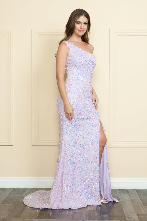 One-Shoulder Floor-Length Sequin Prom Dress with High Slit Poly USA 8874