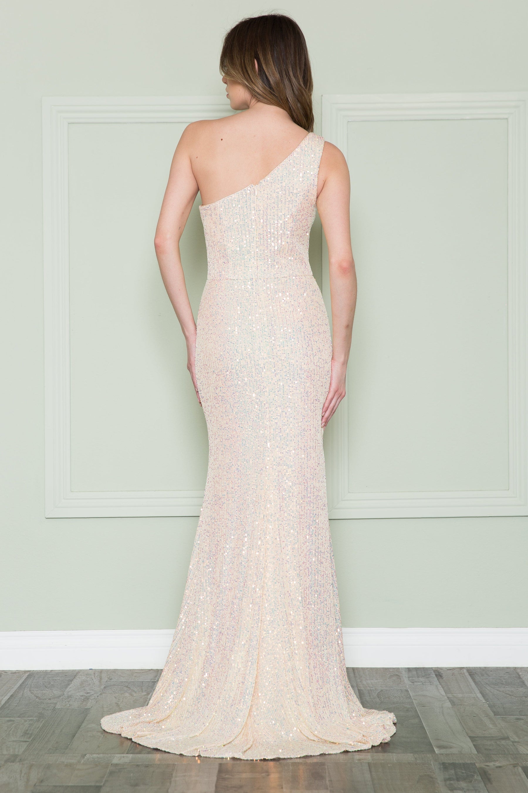 Champagne One-Shoulder Sequin Floor-Length Prom Gown with High Slit Formal Dress Poly USA 8898