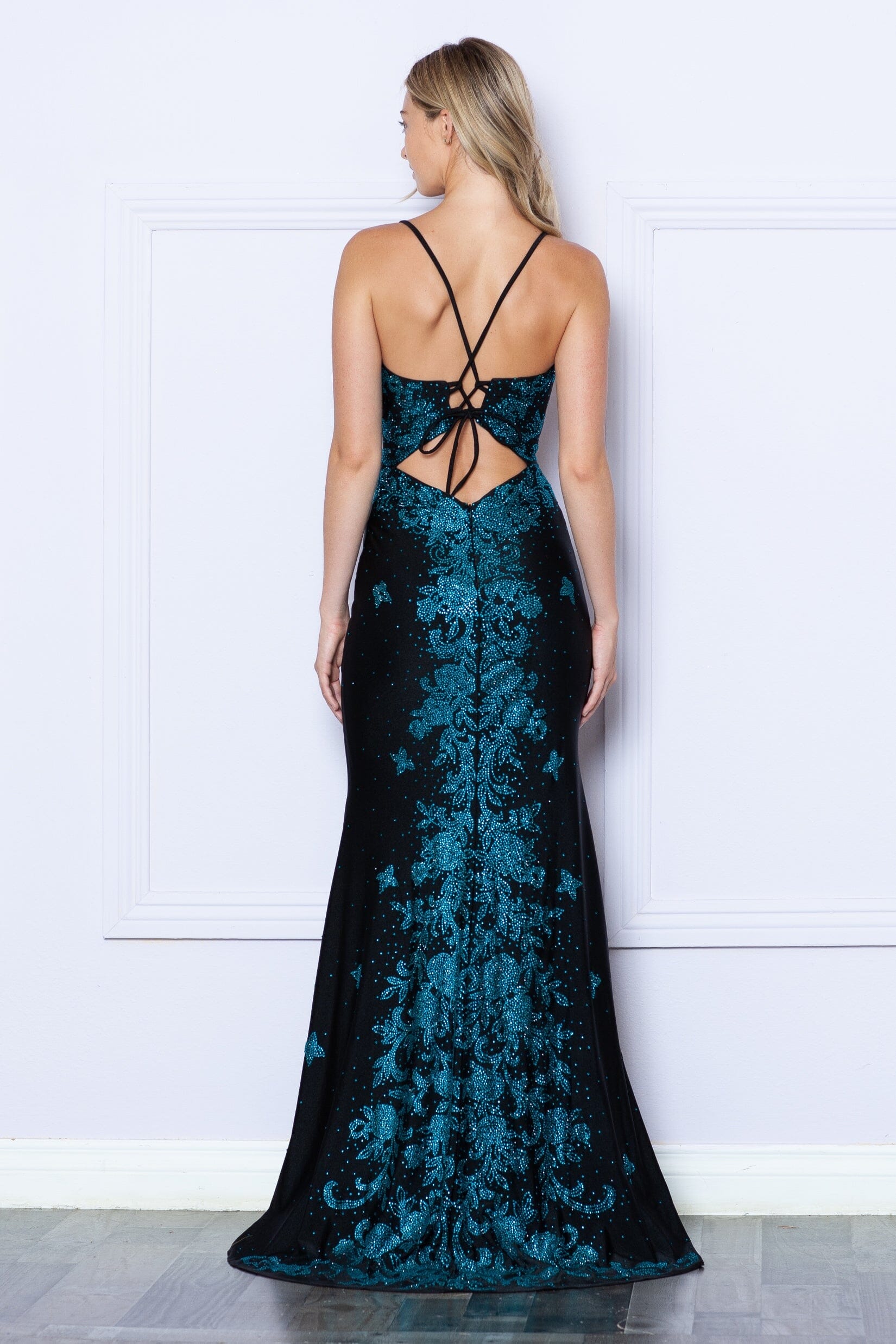 Black/Turquoise V Neck Floor Length Sequin Prom Dress with Illusion Bodice Formal Gown Poly USA 9274