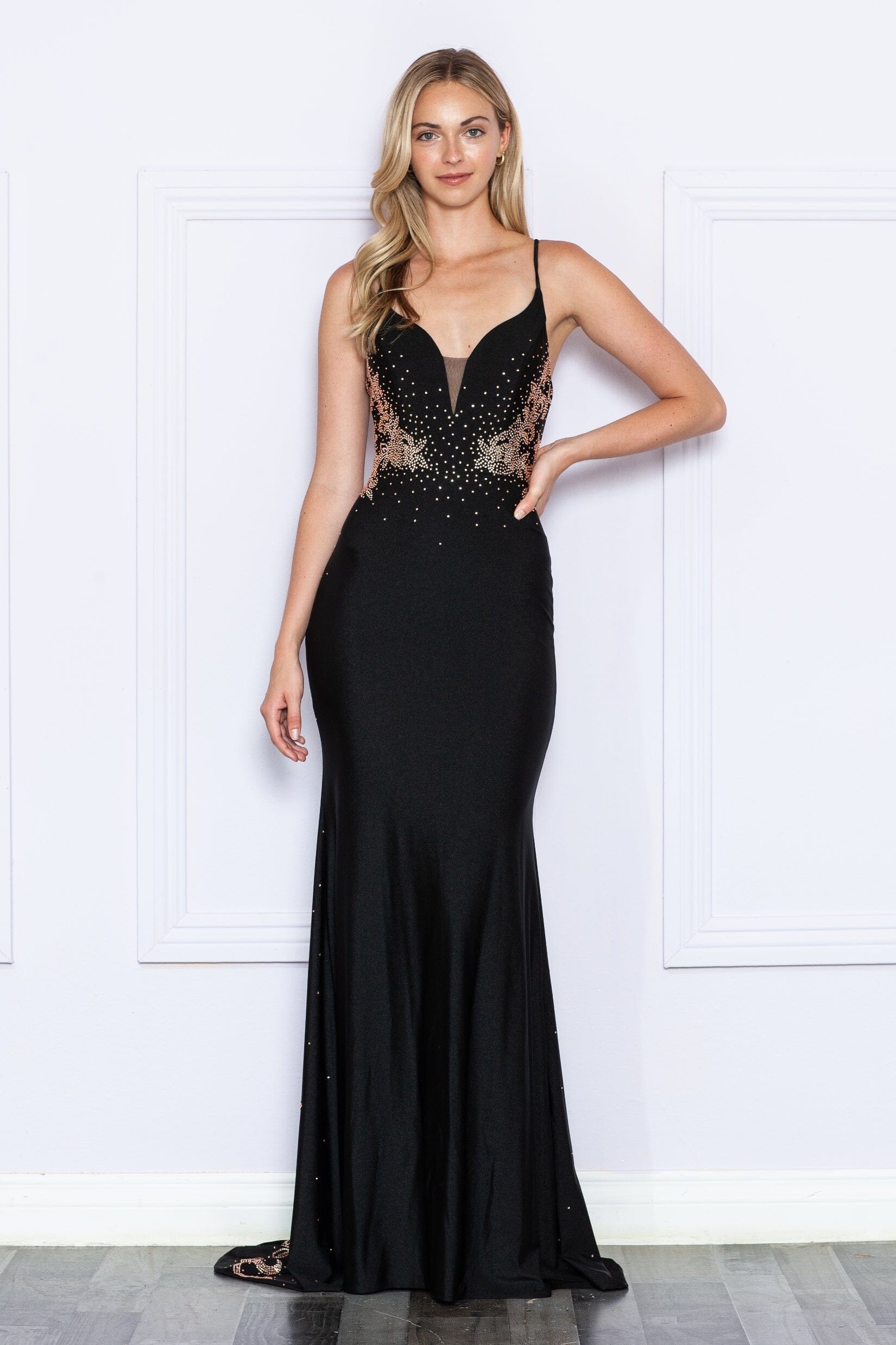 Black/Rose Gold V Neck Floor Length Sequin Prom Dress with Illusion Bodice Formal Gown Poly USA 9274