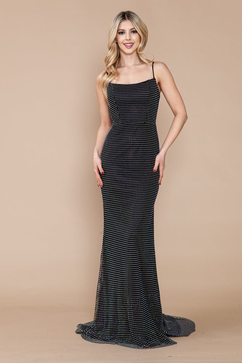 Black Square Neck Floor-Length Sequin Slit Gown with Corset Poly USA 9284