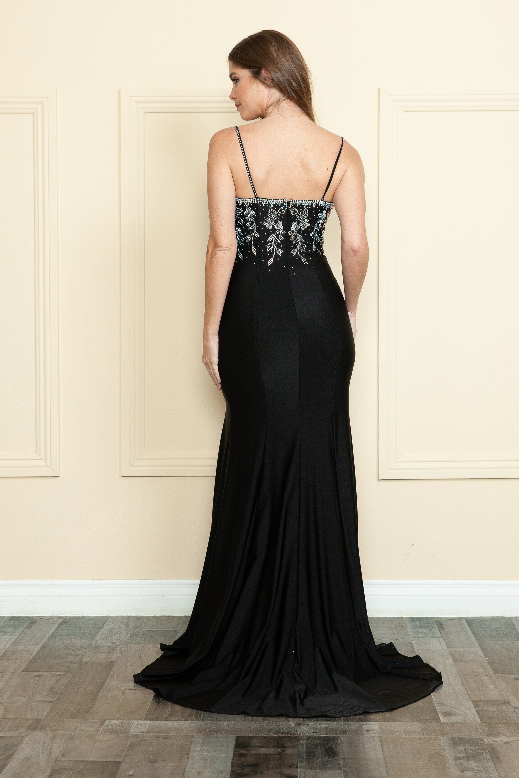 Black V-Neck Floor-Length Sequin Prom Gown with Sweep Train Formal Dress Poly USA 9122