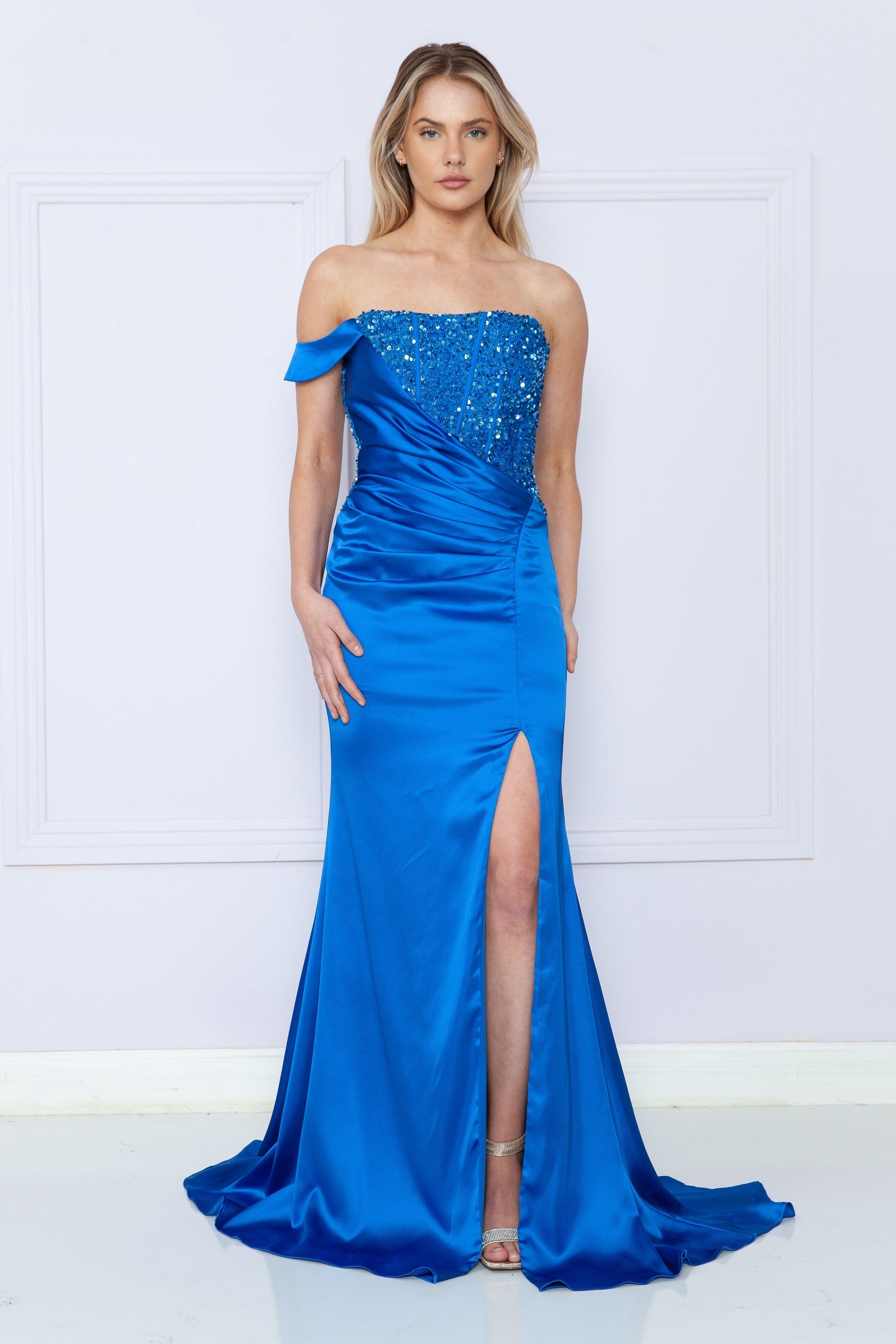 Royal Off the Shoulder Floor Length Satin Sequin Prom Dress with High Slit Formal Gown Poly USA 9178