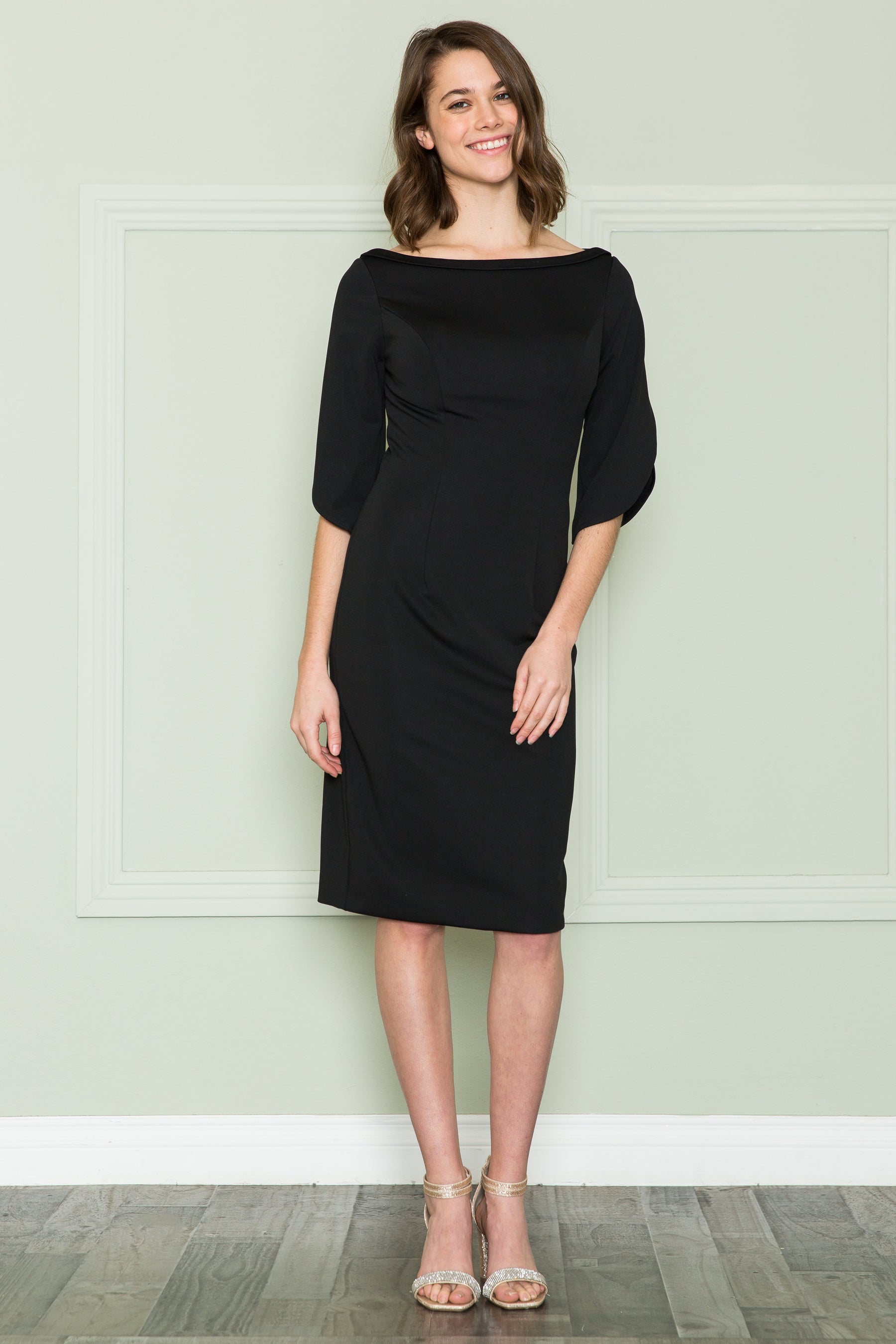 Black Bateau Knee-Length Crepe Cocktail Sheath Dress with Flutter Sleeves Poly USA 8772