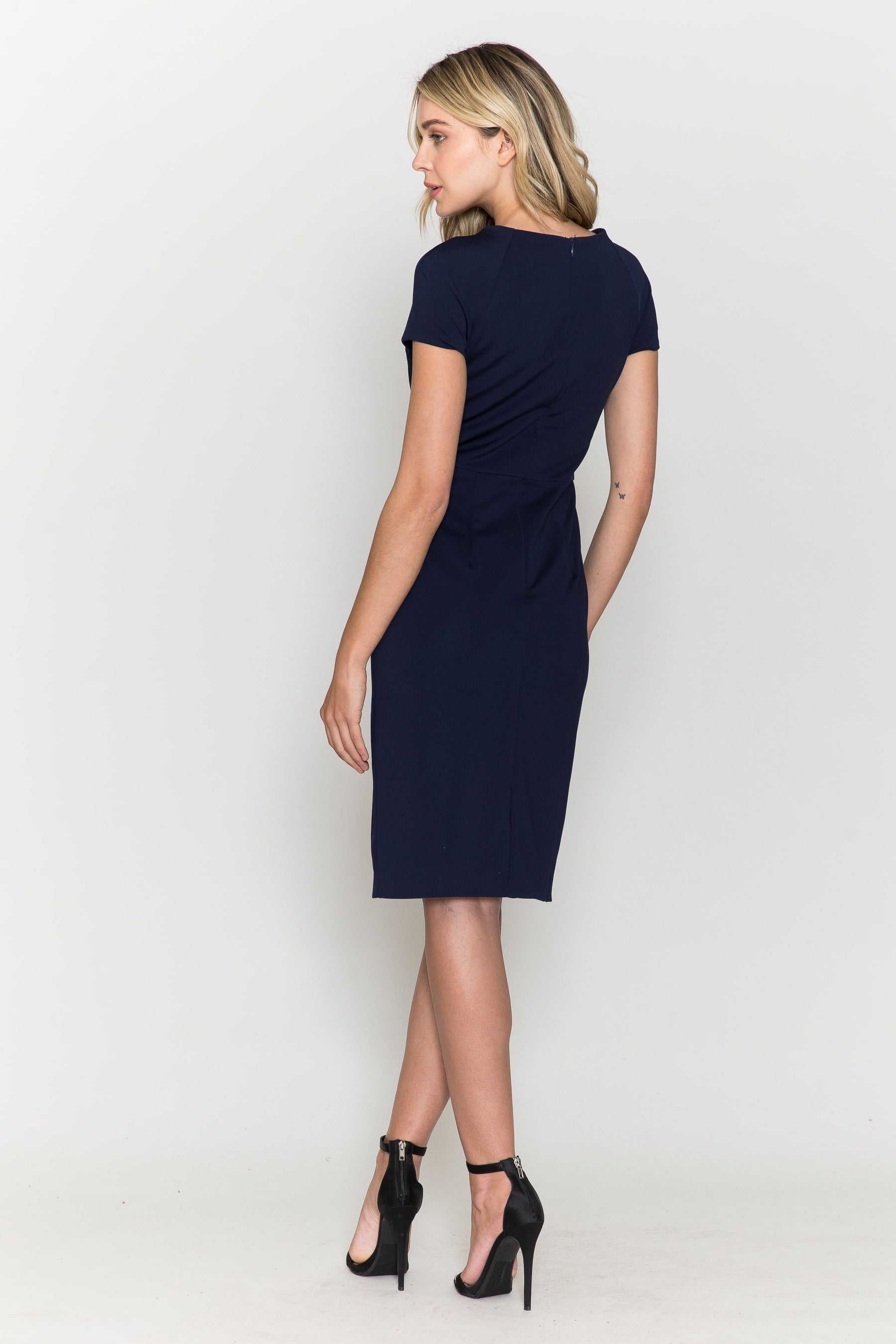 Navy Bateau Knee-Length Scuba Cocktail Dress with Short Sleeves and Back Slit Poly USA 8774