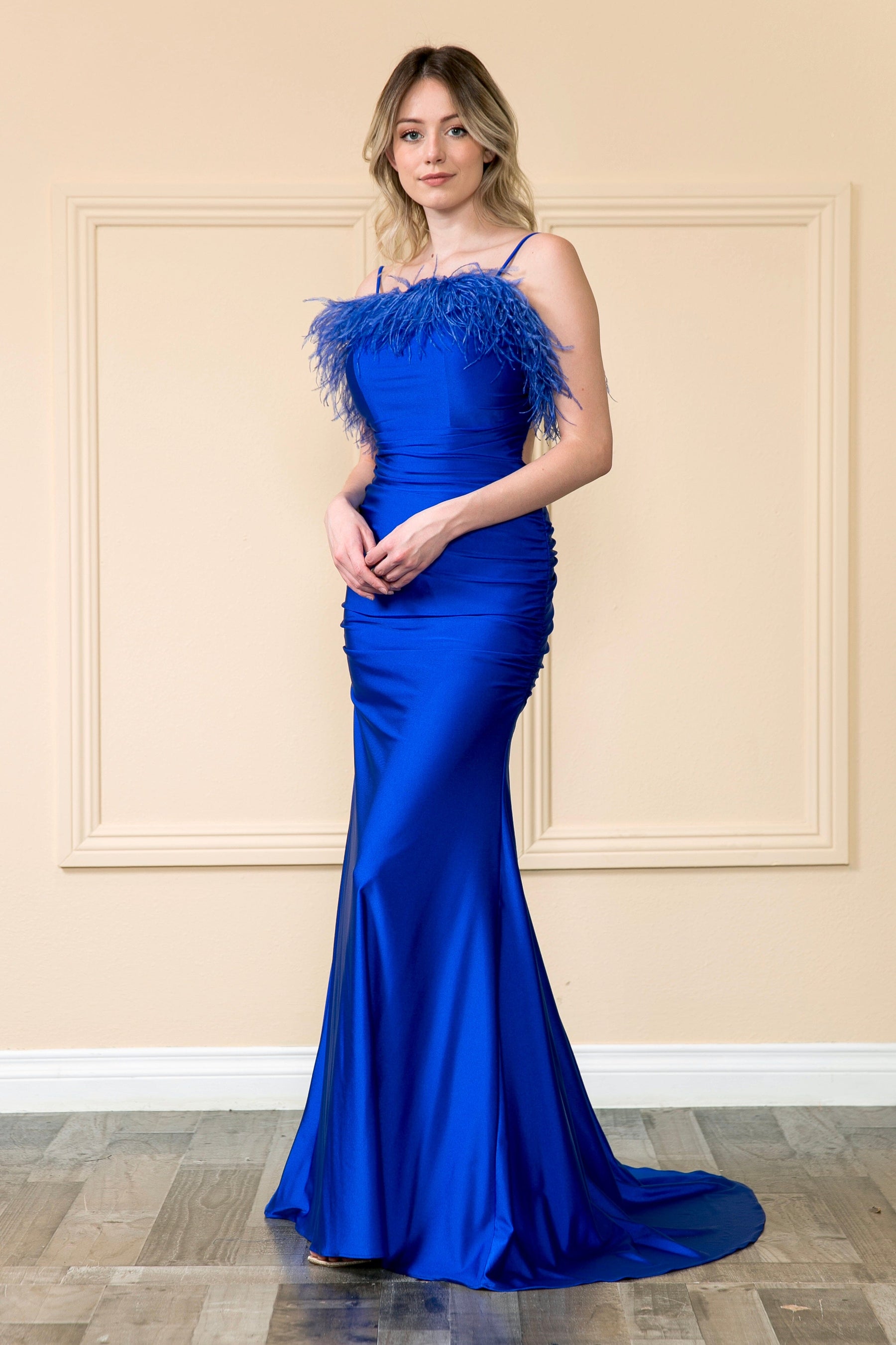 Royal Square Neck Floor-Length Jersey Prom Gown with Detachable Feathers Formal Gown Poly USA 9070