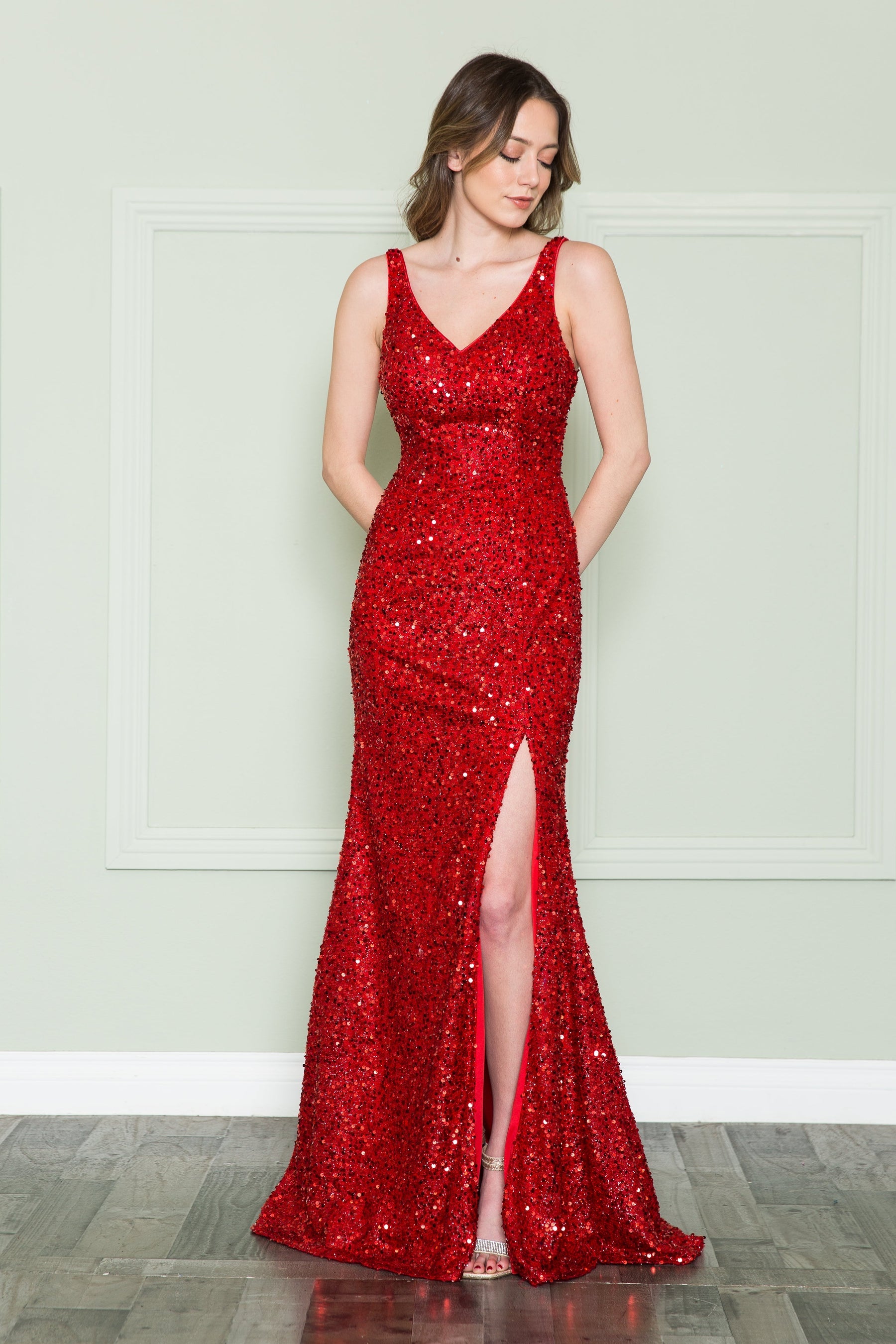 Red V-Neck Floor-Length Sequin Prom Gown with High Slit Poly USA 8872