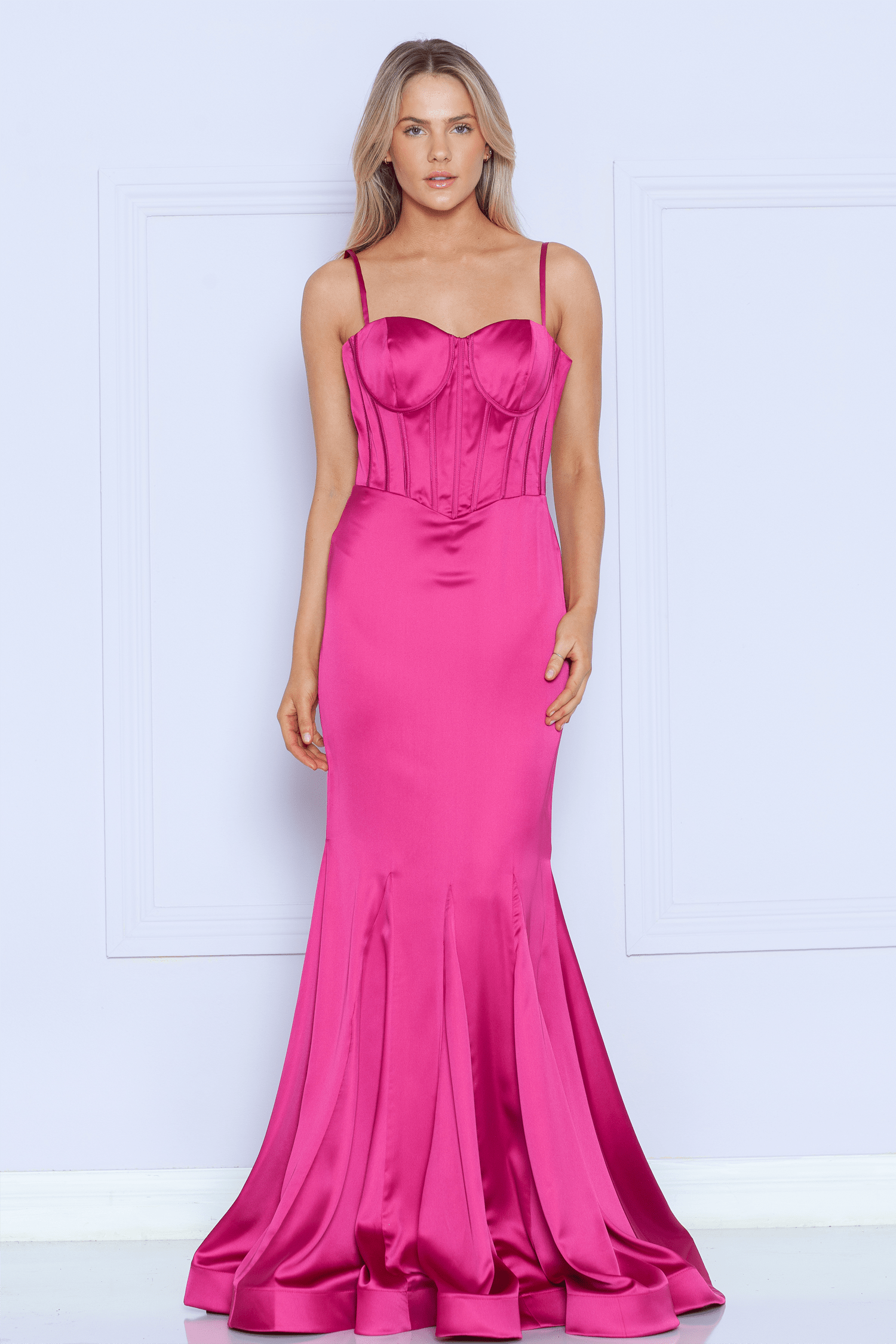 Fuchsia Sweetheart Floor Length Charmeuse Prom Dress with Corset Bodice Formal Gown Poly USA 9008