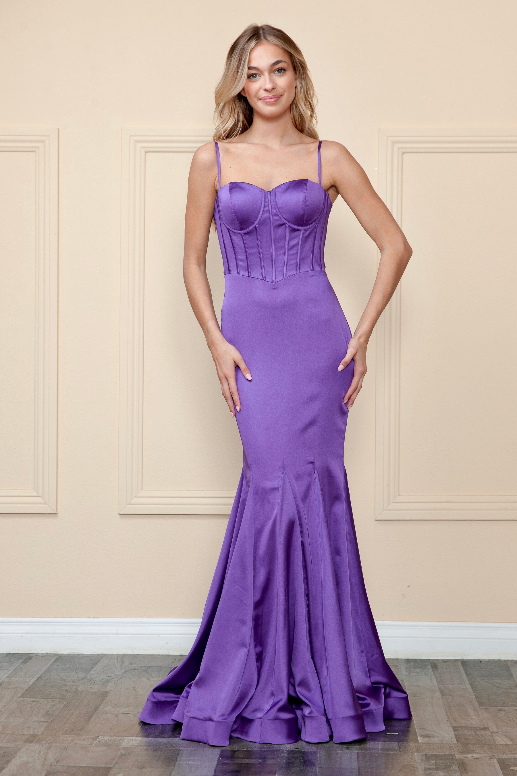 Purple Sweetheart Floor Length Charmeuse Prom Dress with Corset Bodice Formal Gown Poly USA 9008