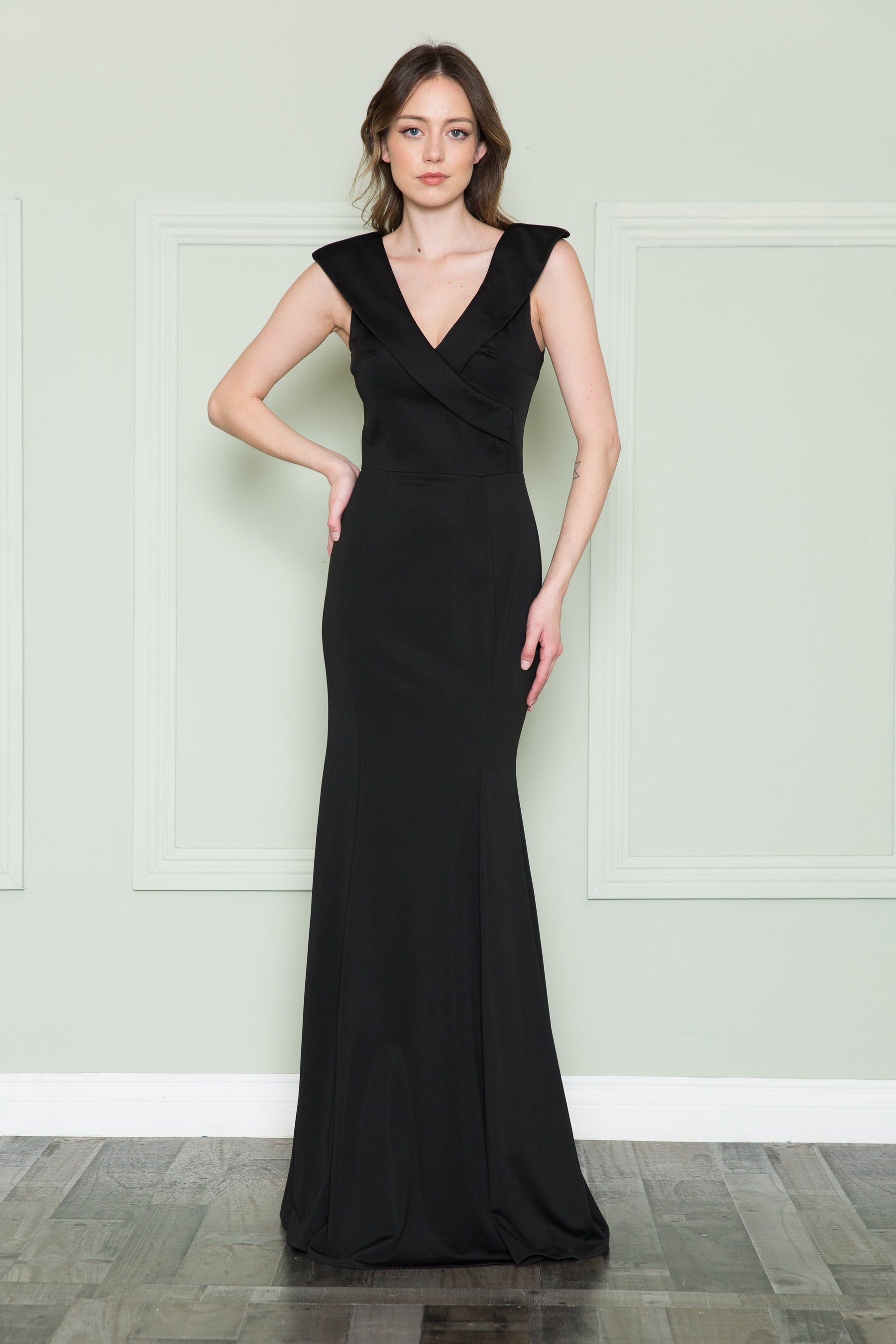 Black V Neck Floor Length Satin Formal Dress with Cap Sleeves Poly USA 8726