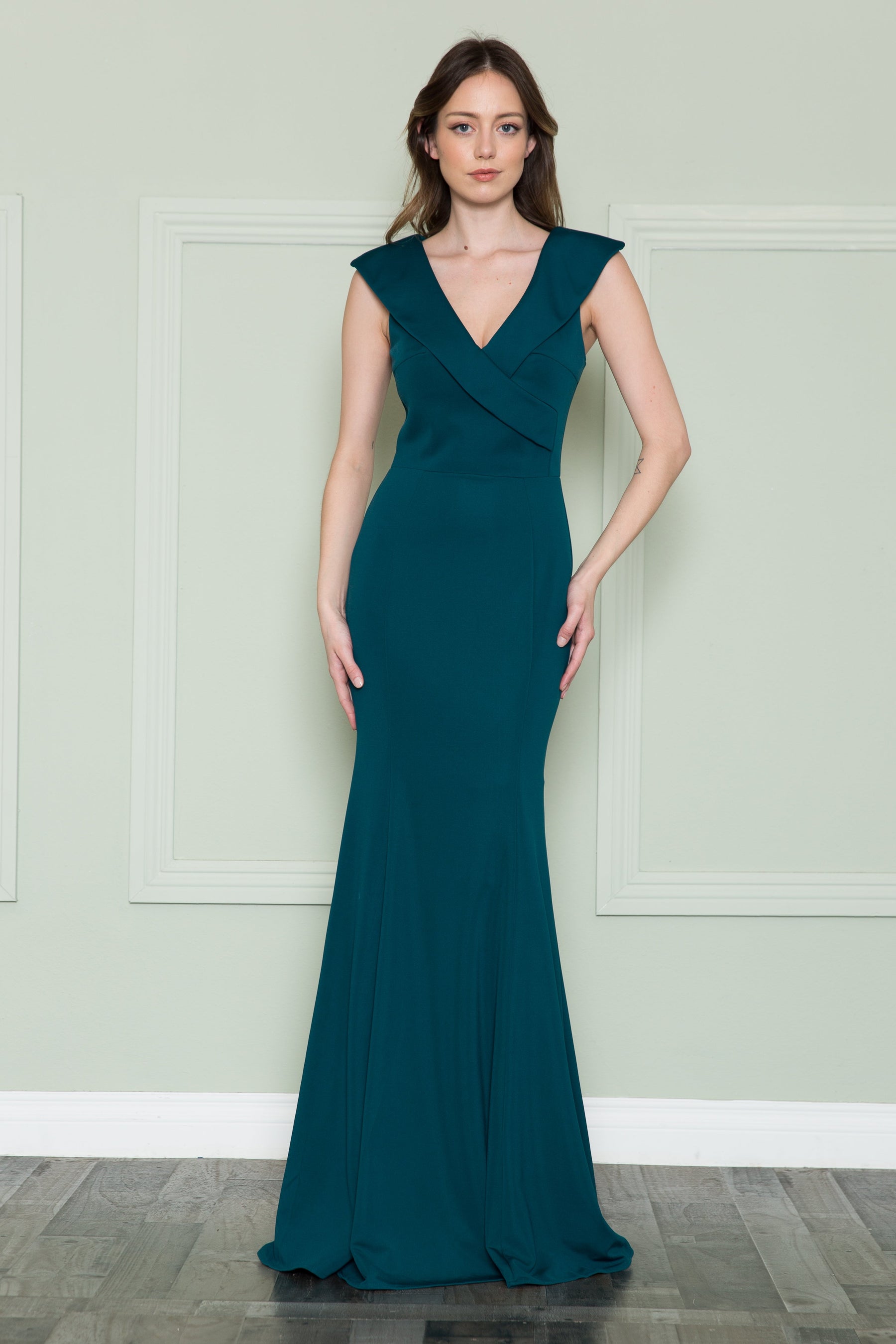 Green V Neck Floor Length Satin Formal Dress with Cap Sleeves Poly USA 8726
