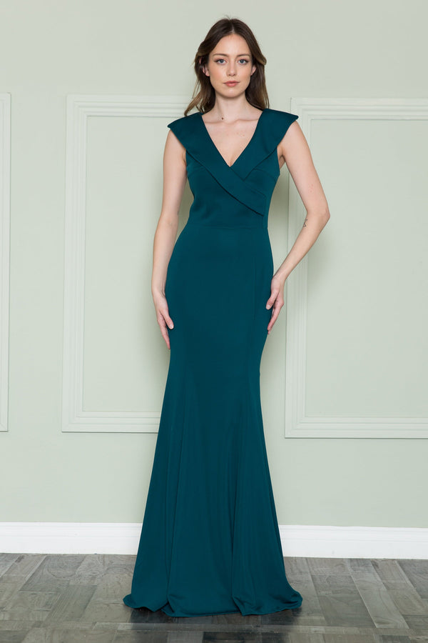 V Neck Floor Length Satin Formal Dress with Cap Sleeves Poly USA 8726