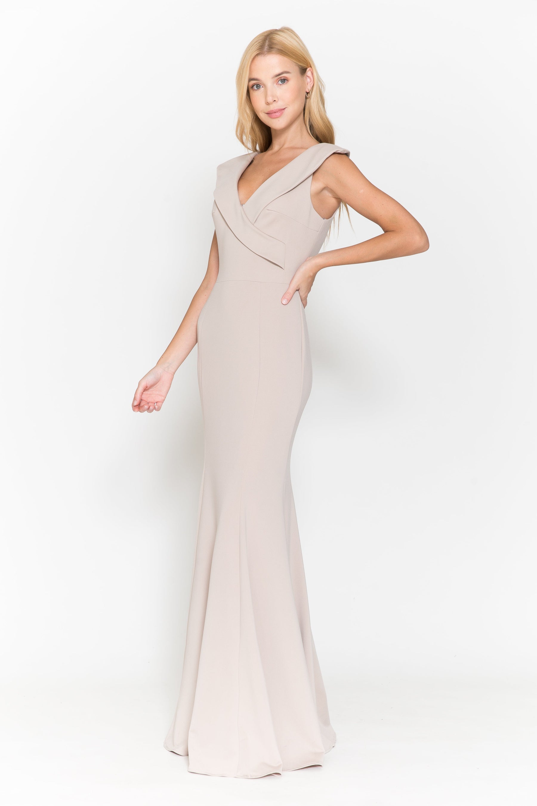Mocha V Neck Floor Length Satin Formal Dress with Cap Sleeves Poly USA 8726
