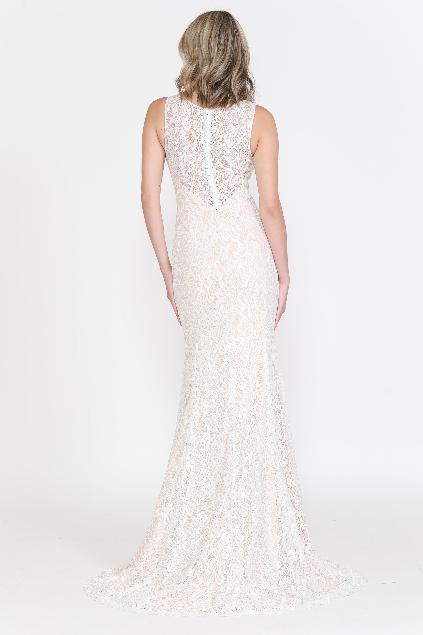 Off White/Nude V Neck Floor Length Lace Wedding Gown with Sweep Train Button Up Back Dress Poly USA 8496