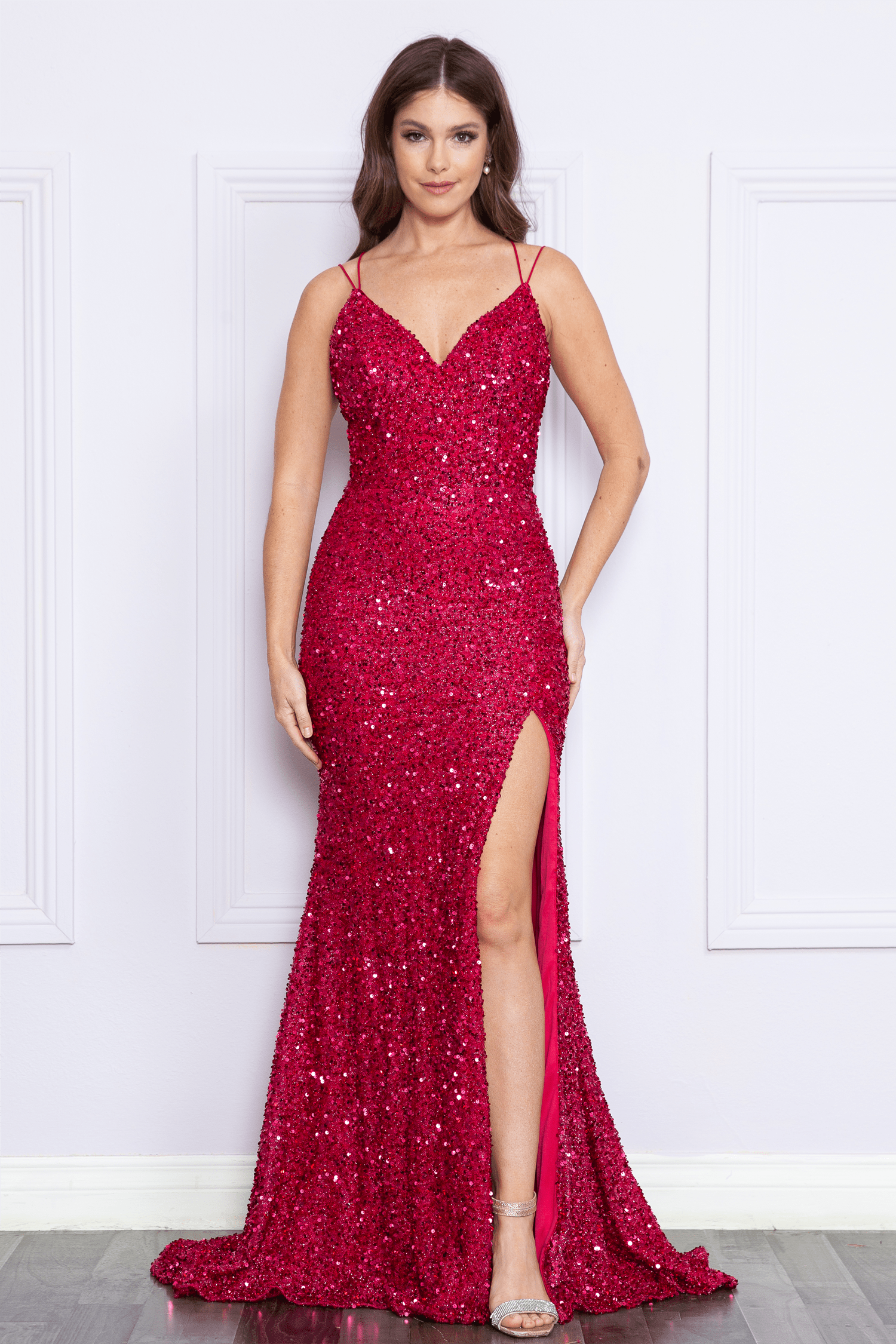 Red Berry V-Neck Floor-Length Sequin Prom Gown with Sweep Train Formal Dress Poly USA 9102