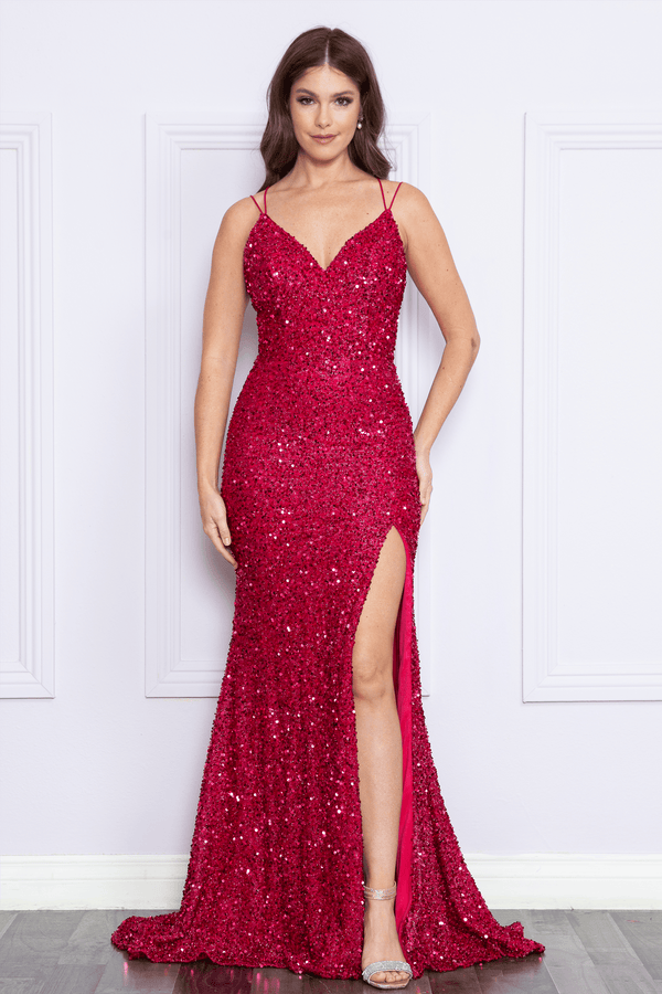 V-Neck Floor-Length Sequin Prom Gown with Sweep Train Formal Dress Poly USA 9102