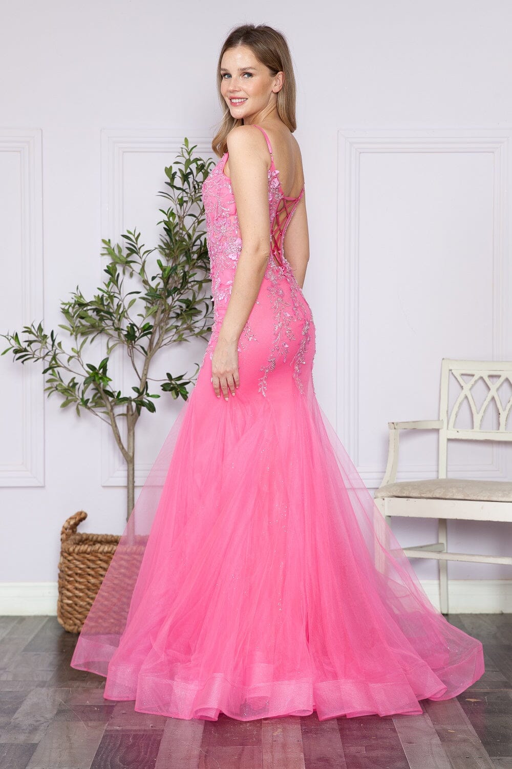 Pink V Neck Floor Length Sequin Prom Dress with Sweep Train Formal Gown Poly USA 9374