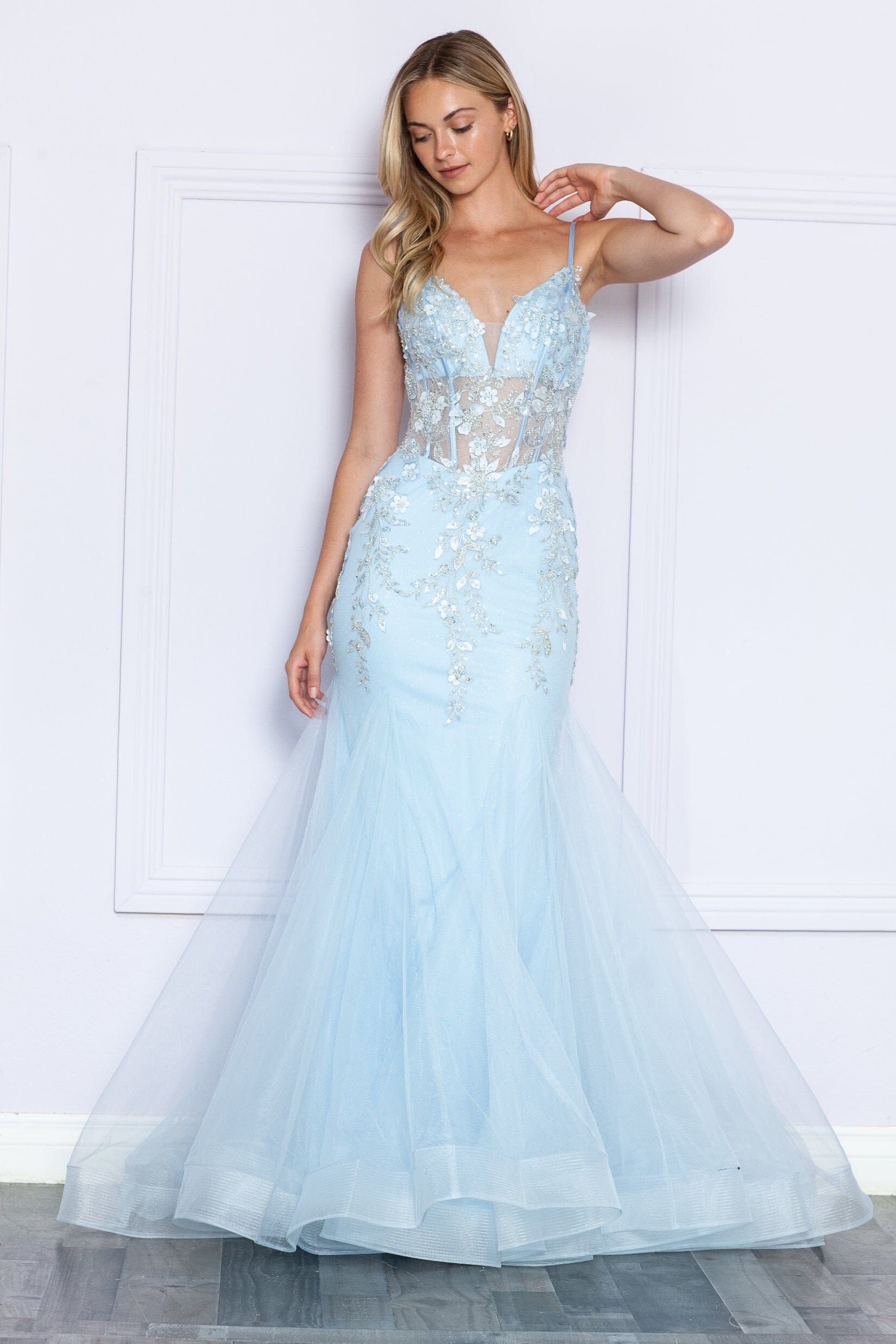 Blue V Neck Floor Length Sequin Prom Dress with Sweep Train Formal Gown Poly USA 9374