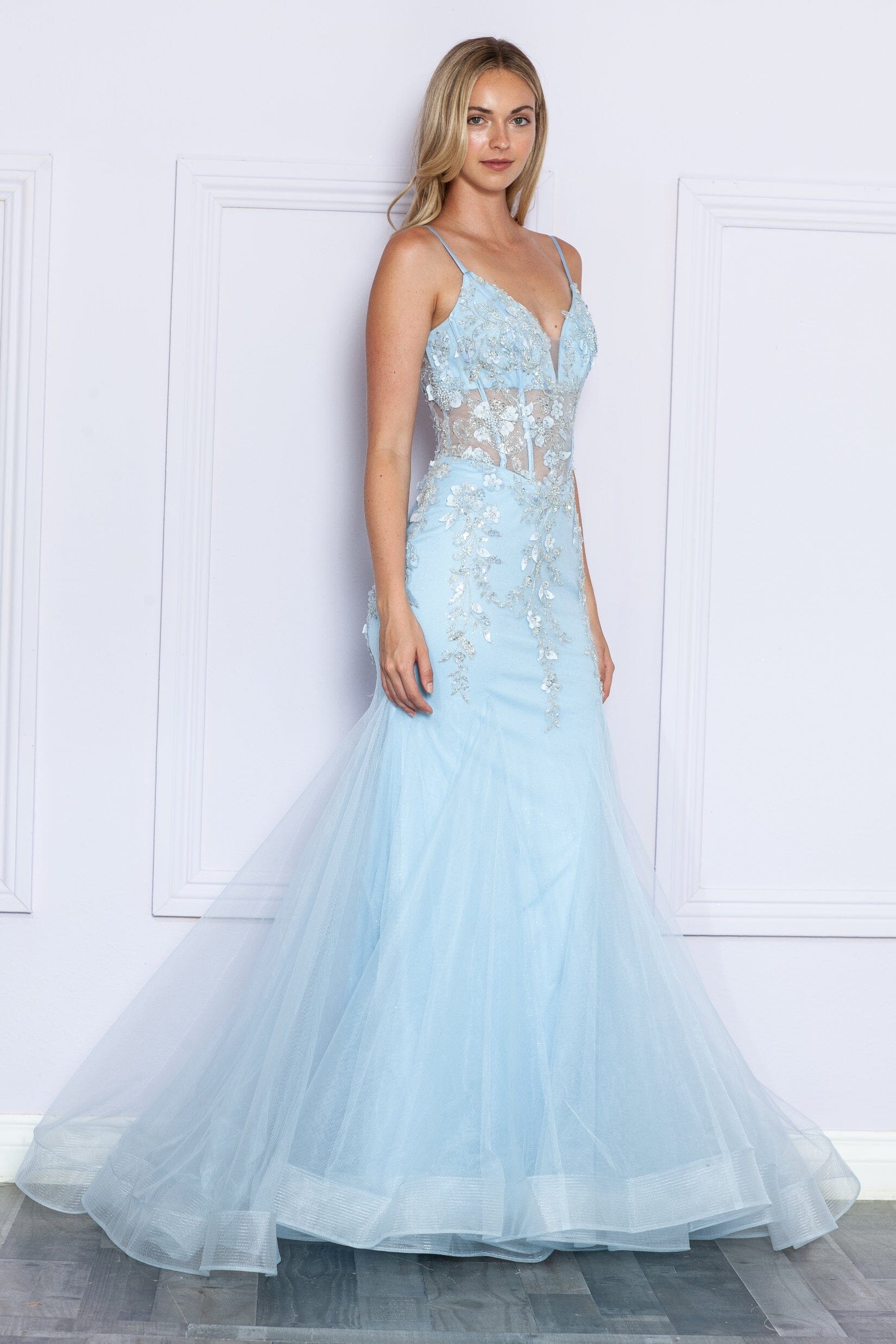 Blue V Neck Floor Length Sequin Prom Dress with Sweep Train Formal Gown Poly USA 9374