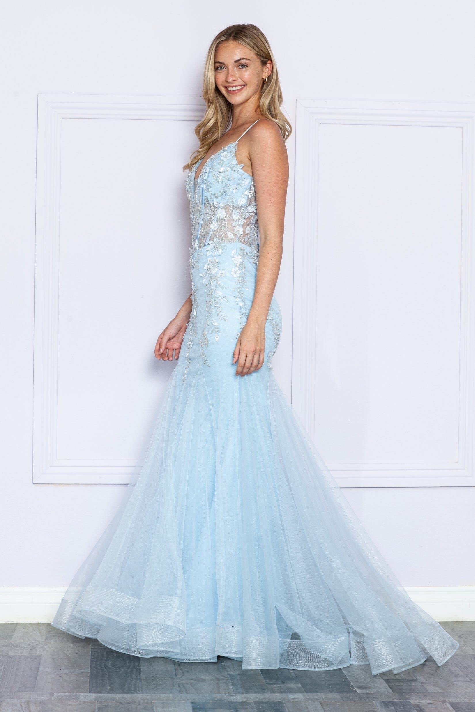 Blue V Neck Floor Length Sequin Prom Dress with Sweep Train Formal Gown Poly USA 9374