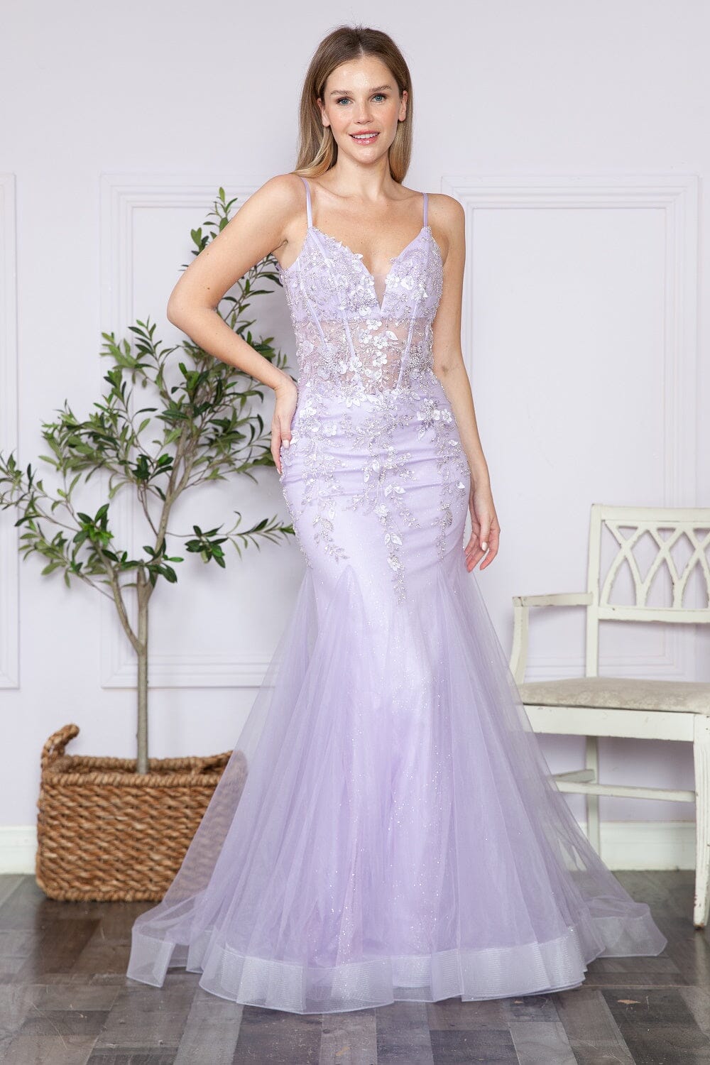 Lavender V Neck Floor Length Sequin Prom Dress with Sweep Train Formal Gown Poly USA 9374
