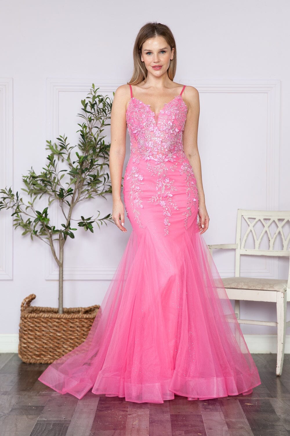 Pink V Neck Floor Length Sequin Prom Dress with Sweep Train Formal Gown Poly USA 9374