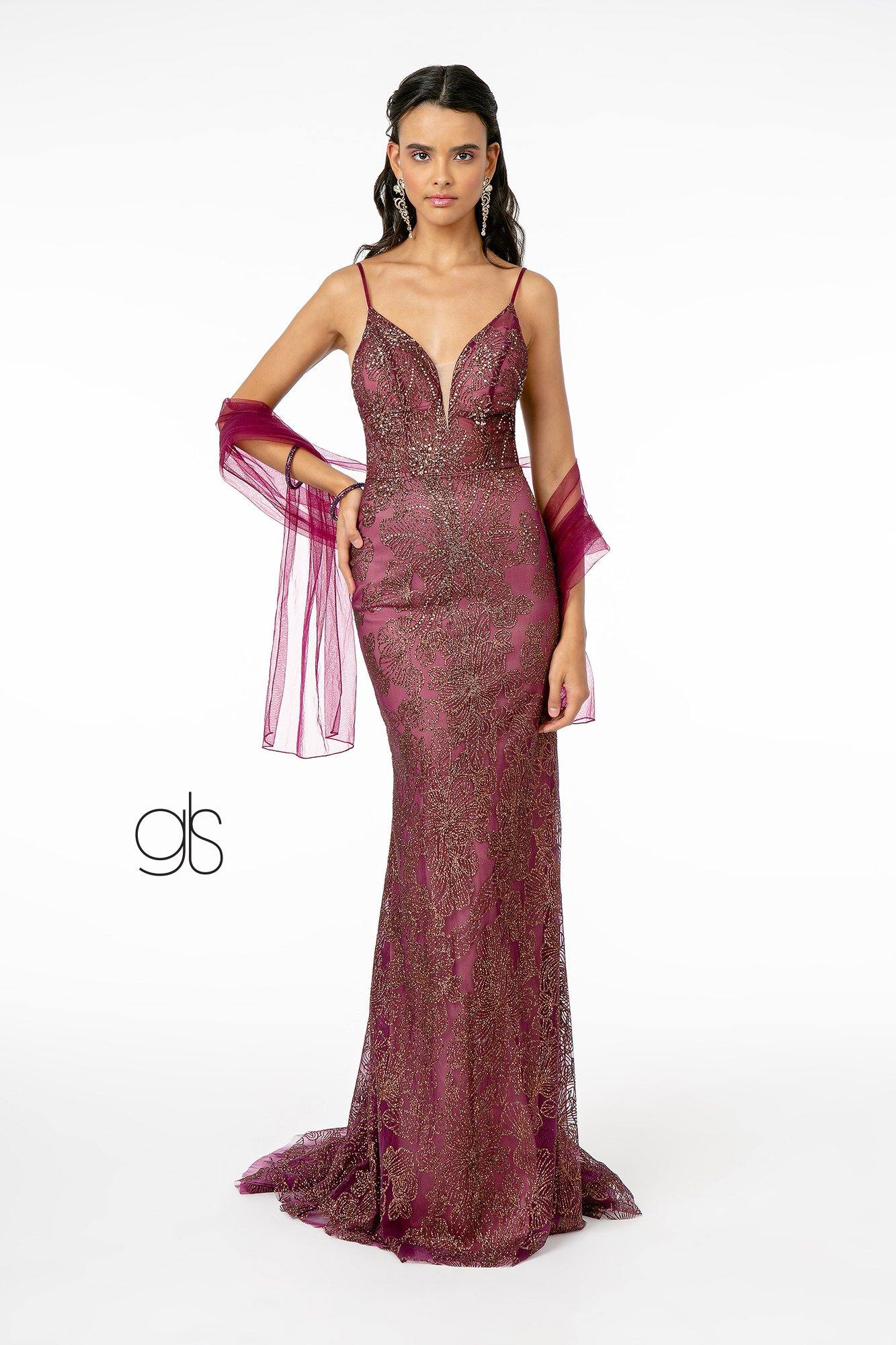 Floral Glitter Print Mesh Fitted Long Prom Dress - The Dress Outlet Elizabeth K