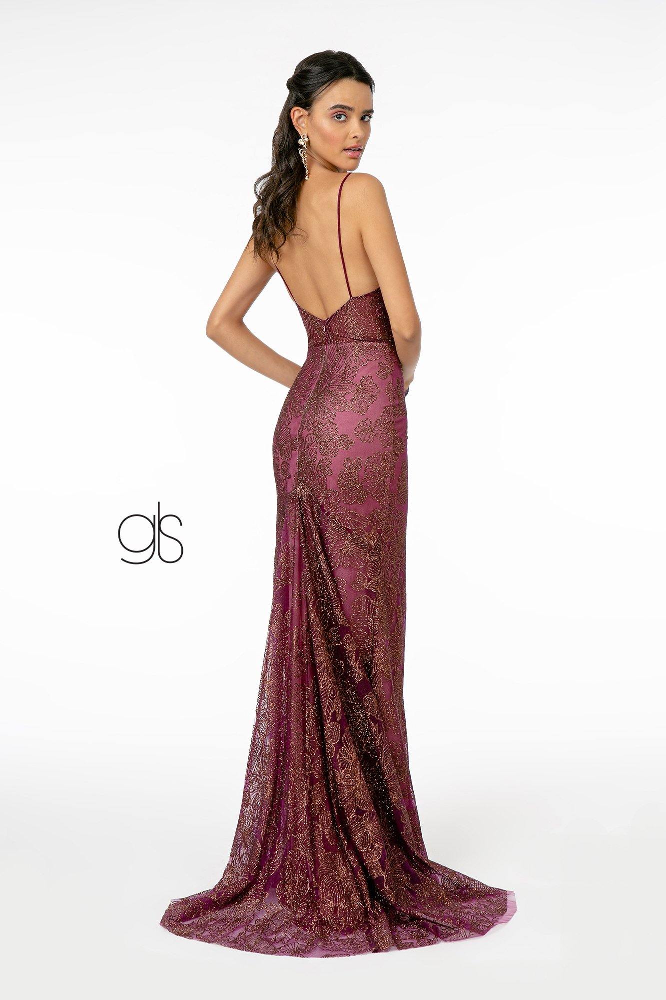 Floral Glitter Print Mesh Formal Long Prom Dress