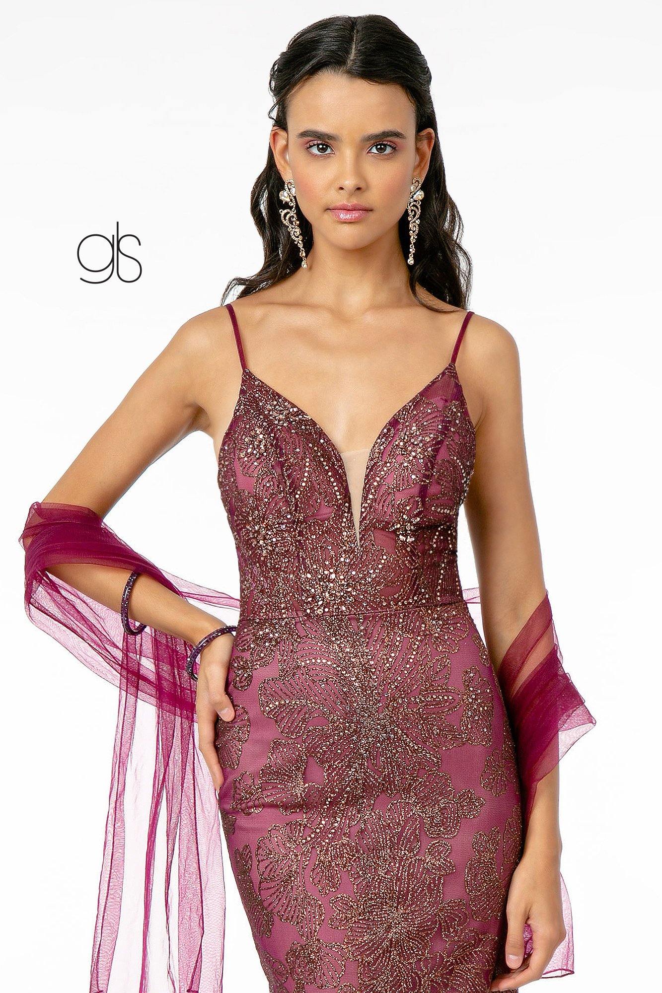 Floral Glitter Print Mesh Formal Long Prom Dress