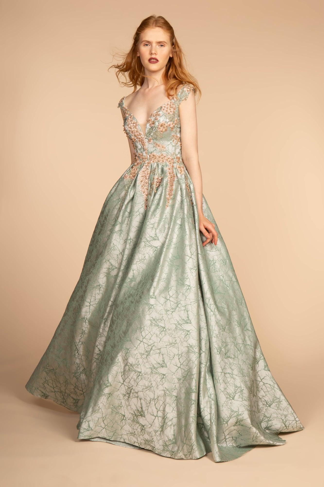 Floral Jewel Embellished Long Prom Dress
