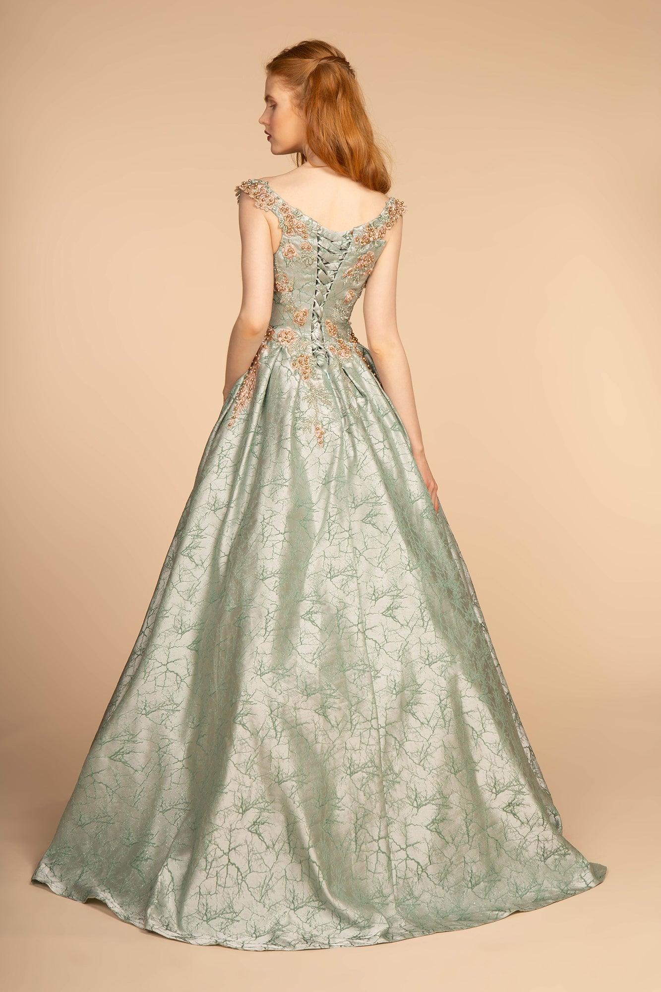 Floral Jewel Embellished Long Prom Dress