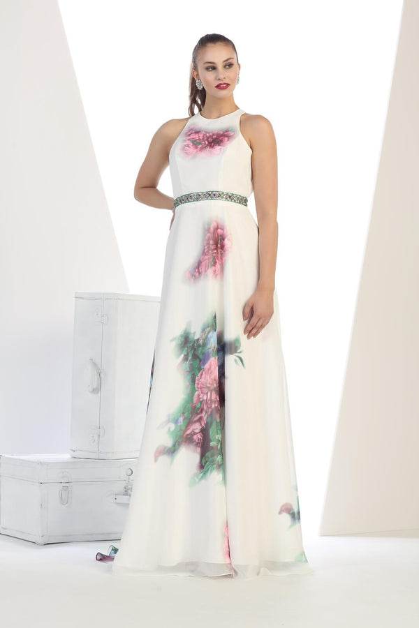 Floral Print Sleeveless Long Prom Formal Dress