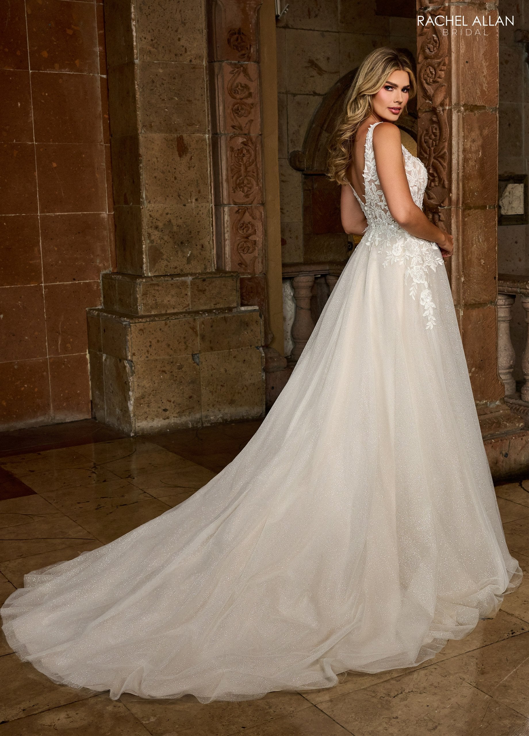 Rachel Allan RB3222 Glitter 3D Floral Applique Long A Line Wedding Dress - White / 10 Rachel Allan RB3222 Glitter 3D Floral Applique Long A Line Wedding Dress - White / 10