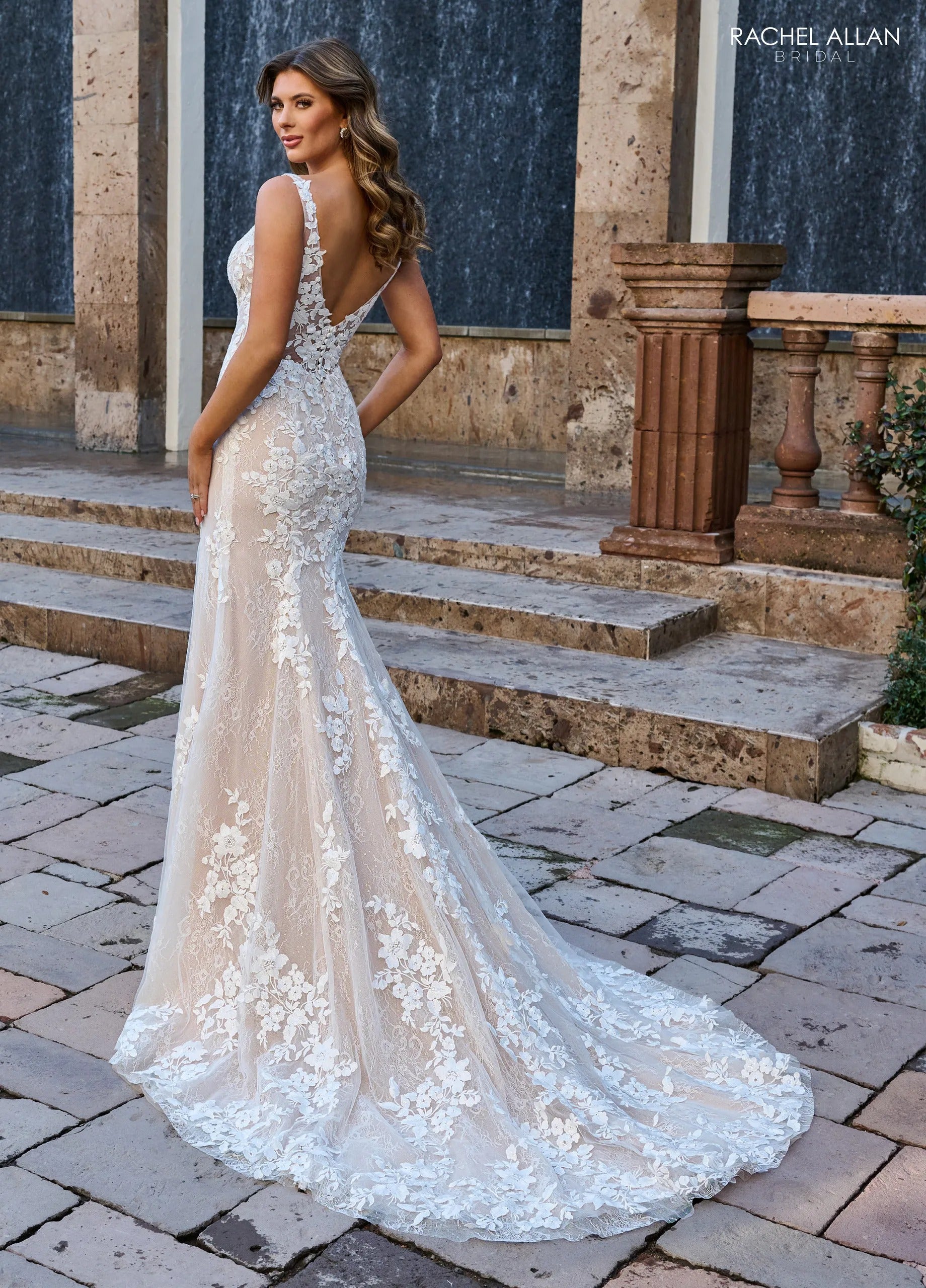 Ivory Nude V-Neck Floor-Length Floral Lace Mermaid Wedding Gown with Detachable Bishop Sleeves Rachel Allan RB3199