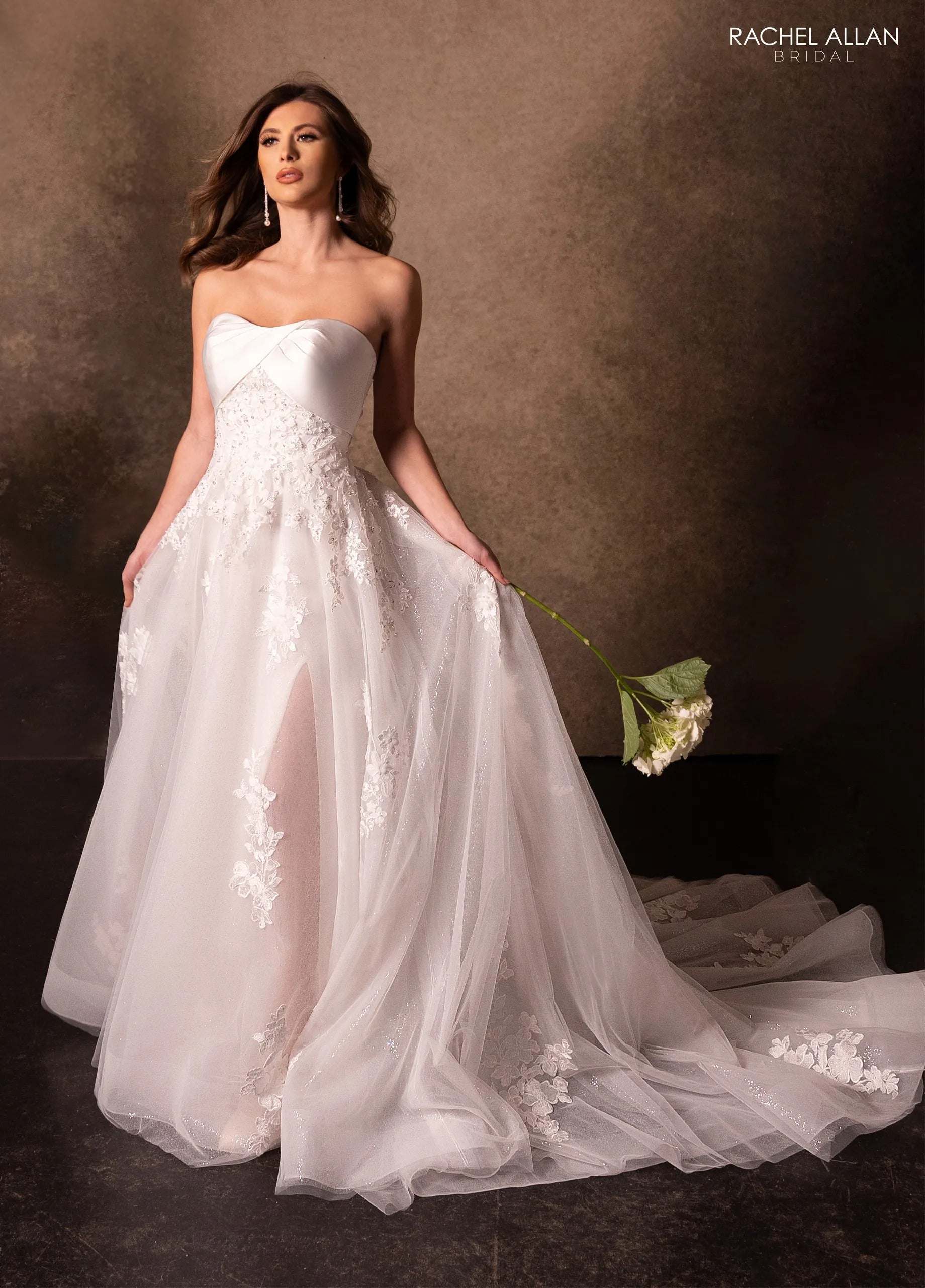 Ivory Off-the-Shoulder Floor-Length Lace Mermaid Wedding Dress with Sheer Bodice Rachel Allan RB3229