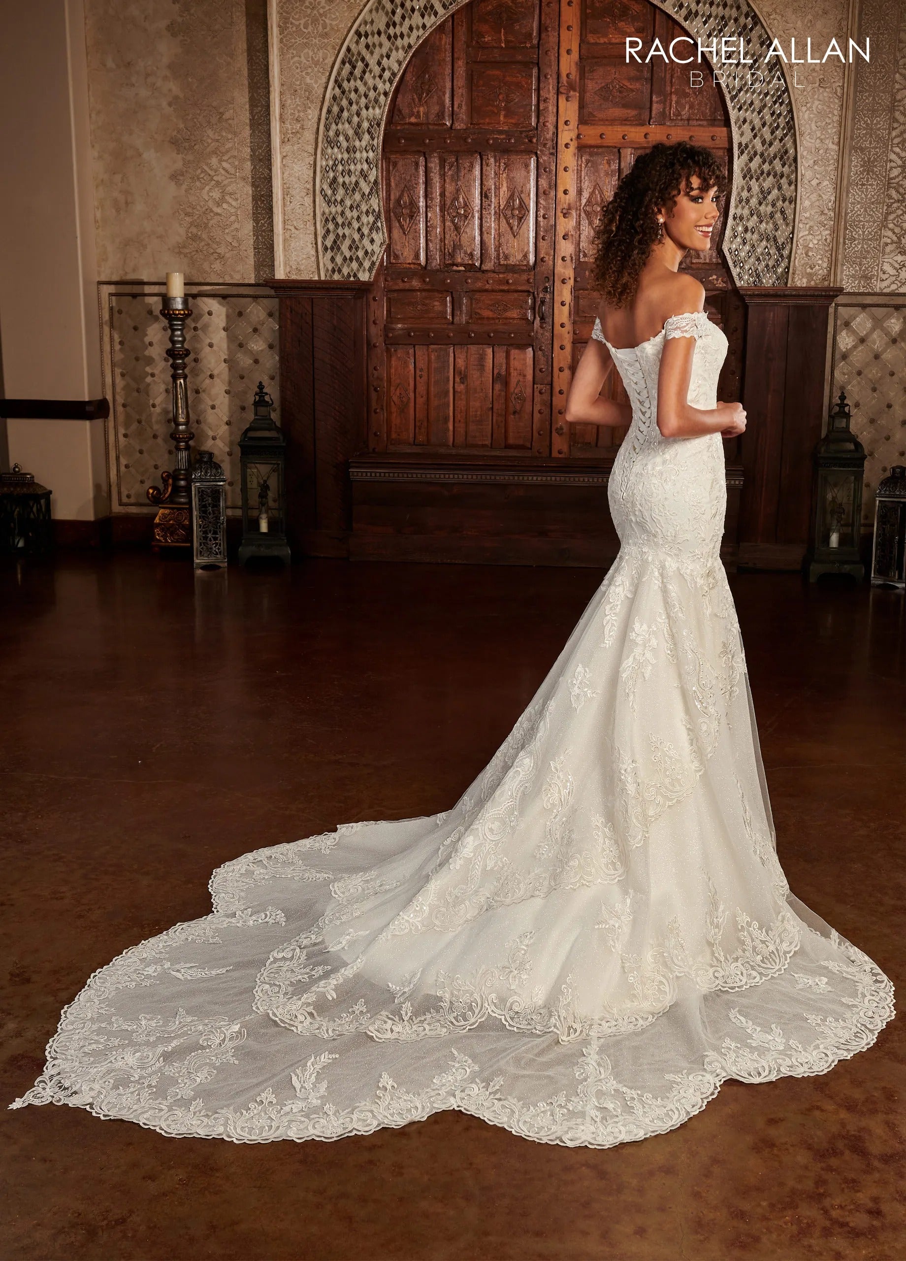 Ivory Off-the-Shoulder Floor-Length Lace Mermaid Wedding Gown with Scallop Chapel Train Rachel Allan RB3167