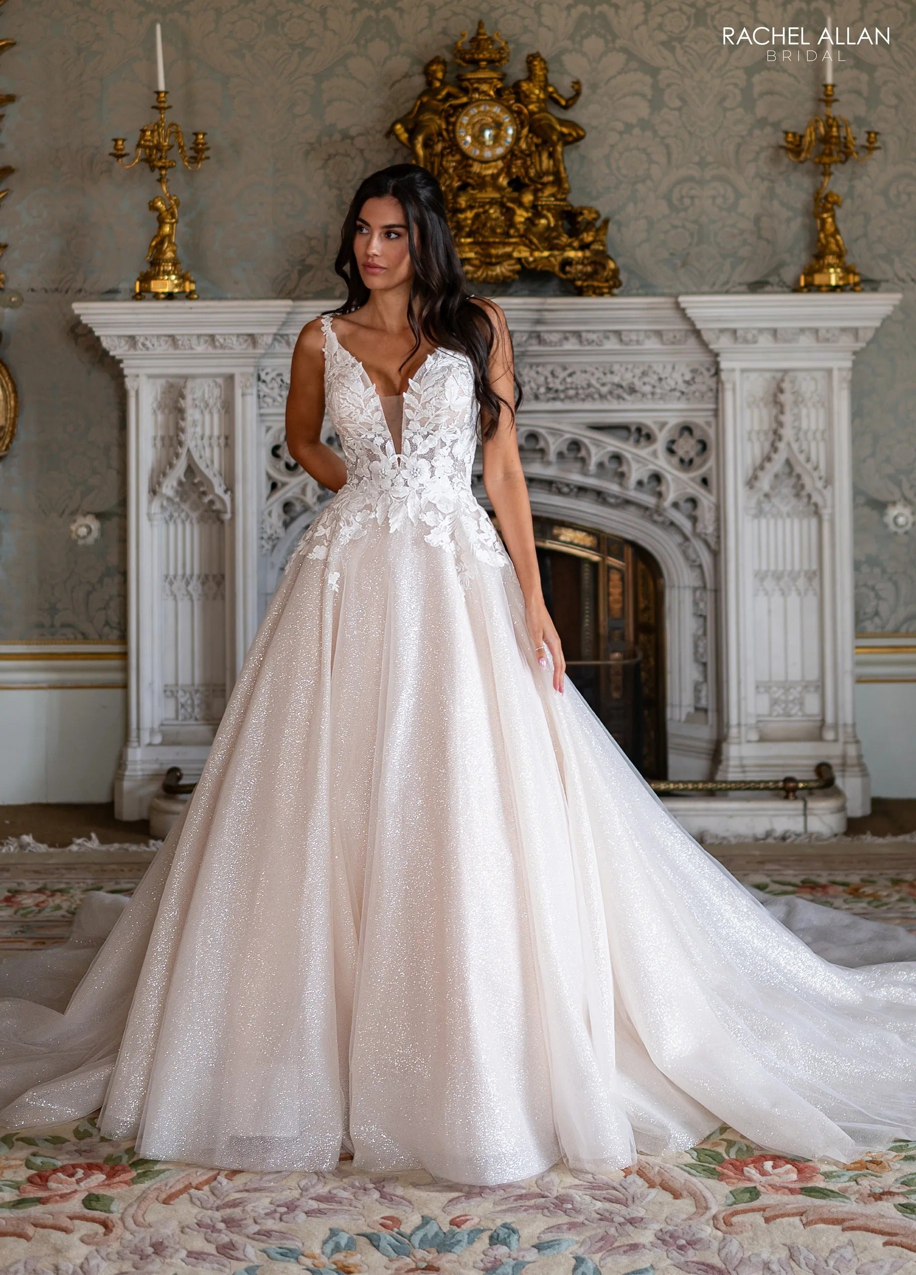 Ivory Champagne Nude Plunging V-Neck Floor-Length Glitter Tulle Wedding Dress with Floral Applique Rachel Allan RB3244