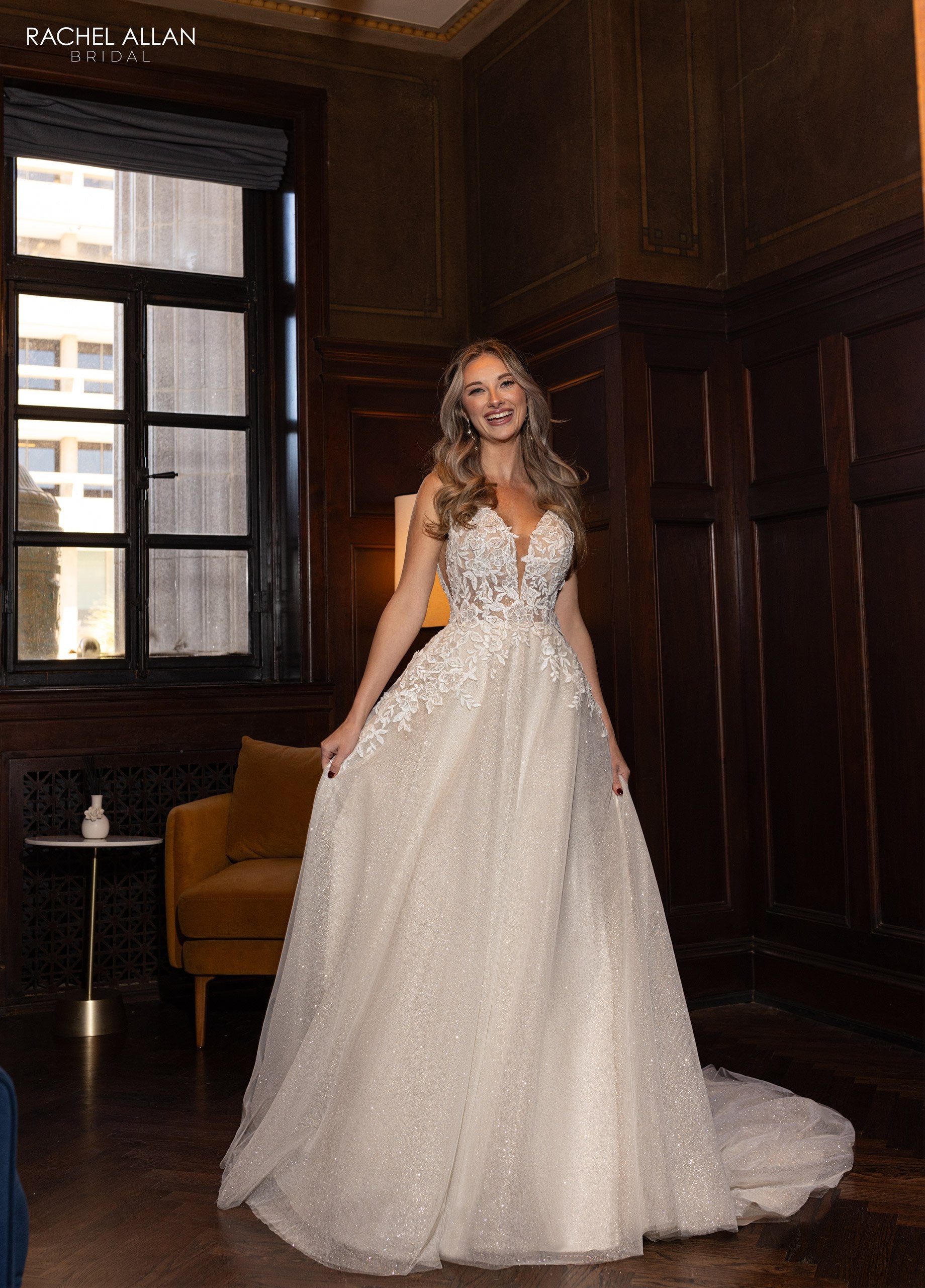 Rachel Allan RB3222 Glitter 3D Floral Applique Long A Line Wedding Dress
