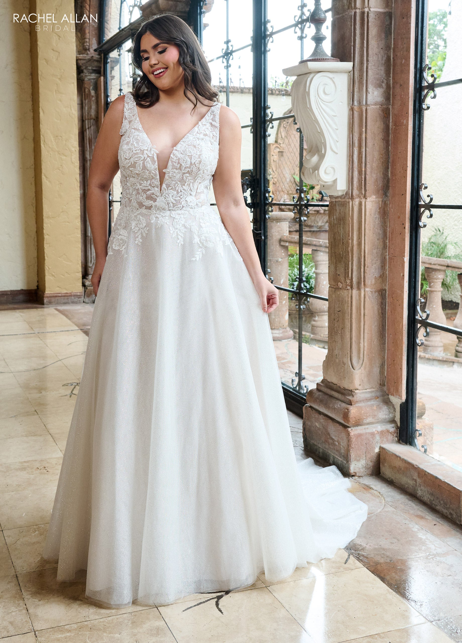 Rachel Allan RB3222 Glitter 3D Floral Applique Long A Line Wedding Dress - White / 10 Rachel Allan RB3222 Glitter 3D Floral Applique Long A Line Wedding Dress - White / 10