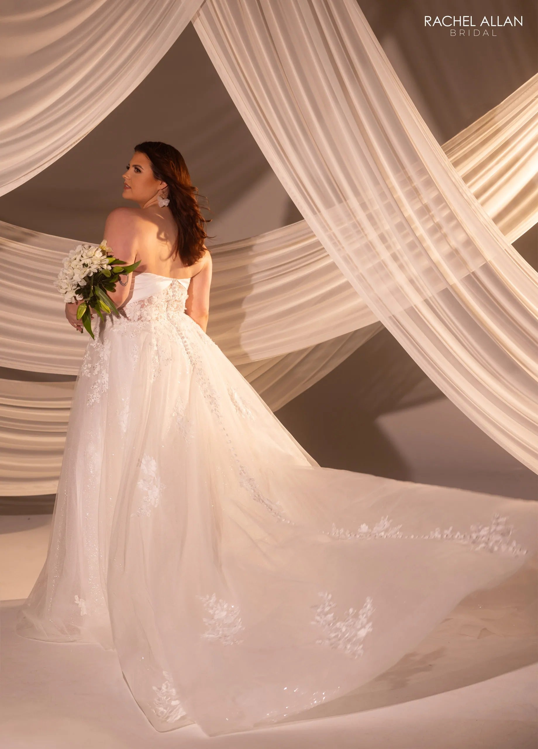 Ivory Off-the-Shoulder Floor-Length Lace Mermaid Wedding Dress with Sheer Bodice Rachel Allan RB3229