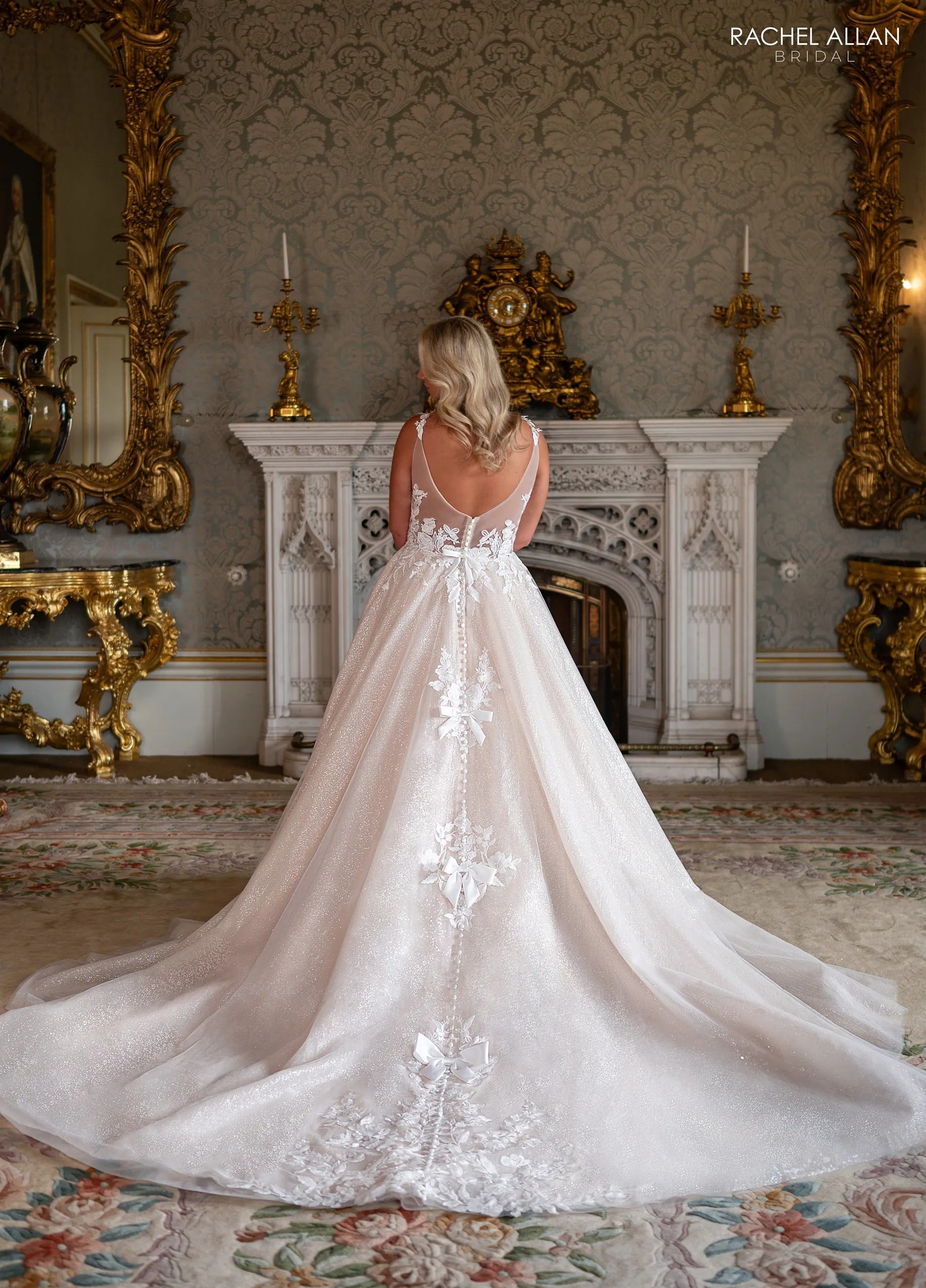 Ivory Champagne Nude Plunging V-Neck Floor-Length Glitter Tulle Wedding Dress with Floral Applique Rachel Allan RB3244