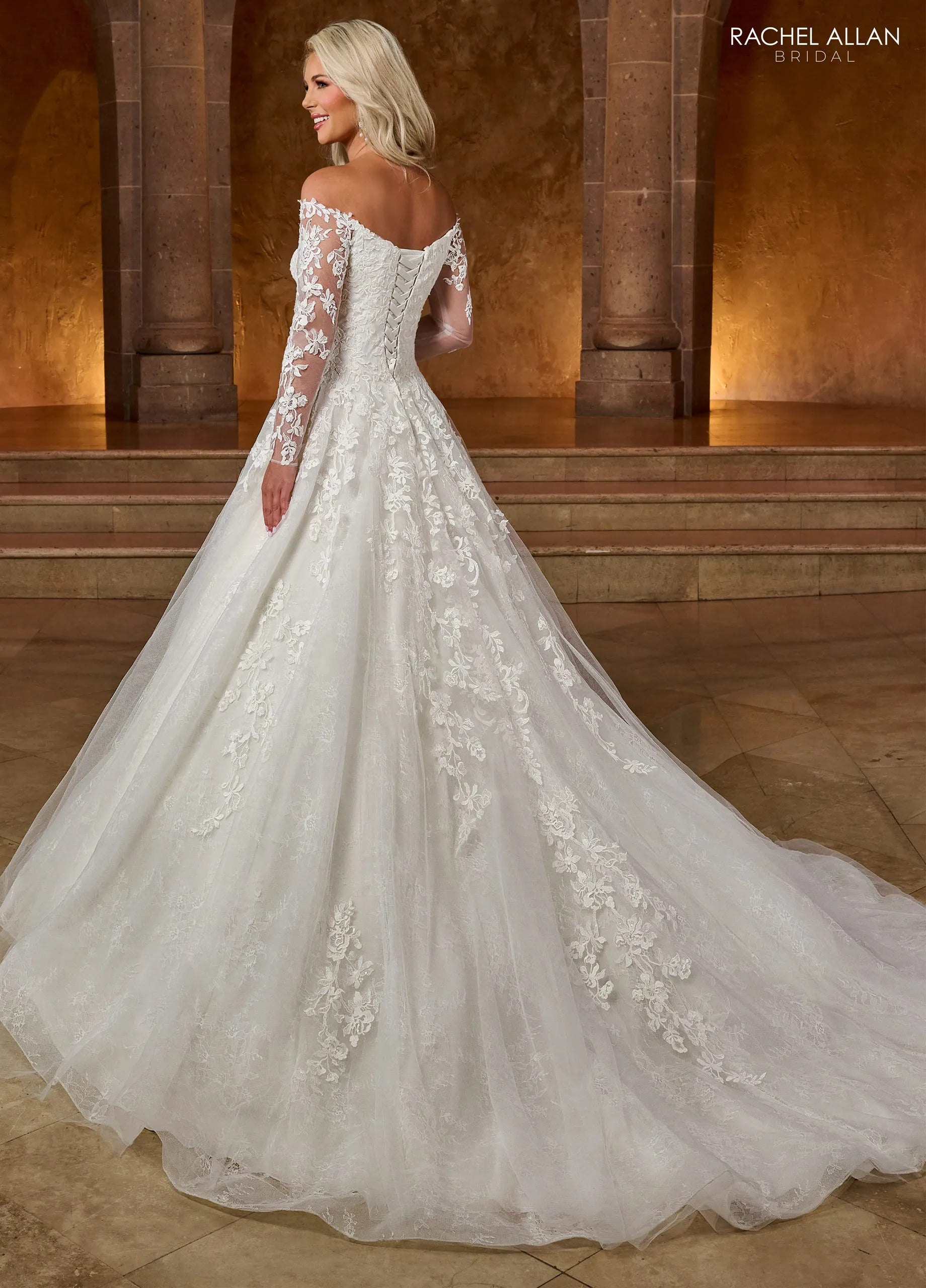 Ivory Off-the-Shoulder Floor-Length Tulle Ball Gown with Semi-Cathedral Train Rachel Allan RB3196