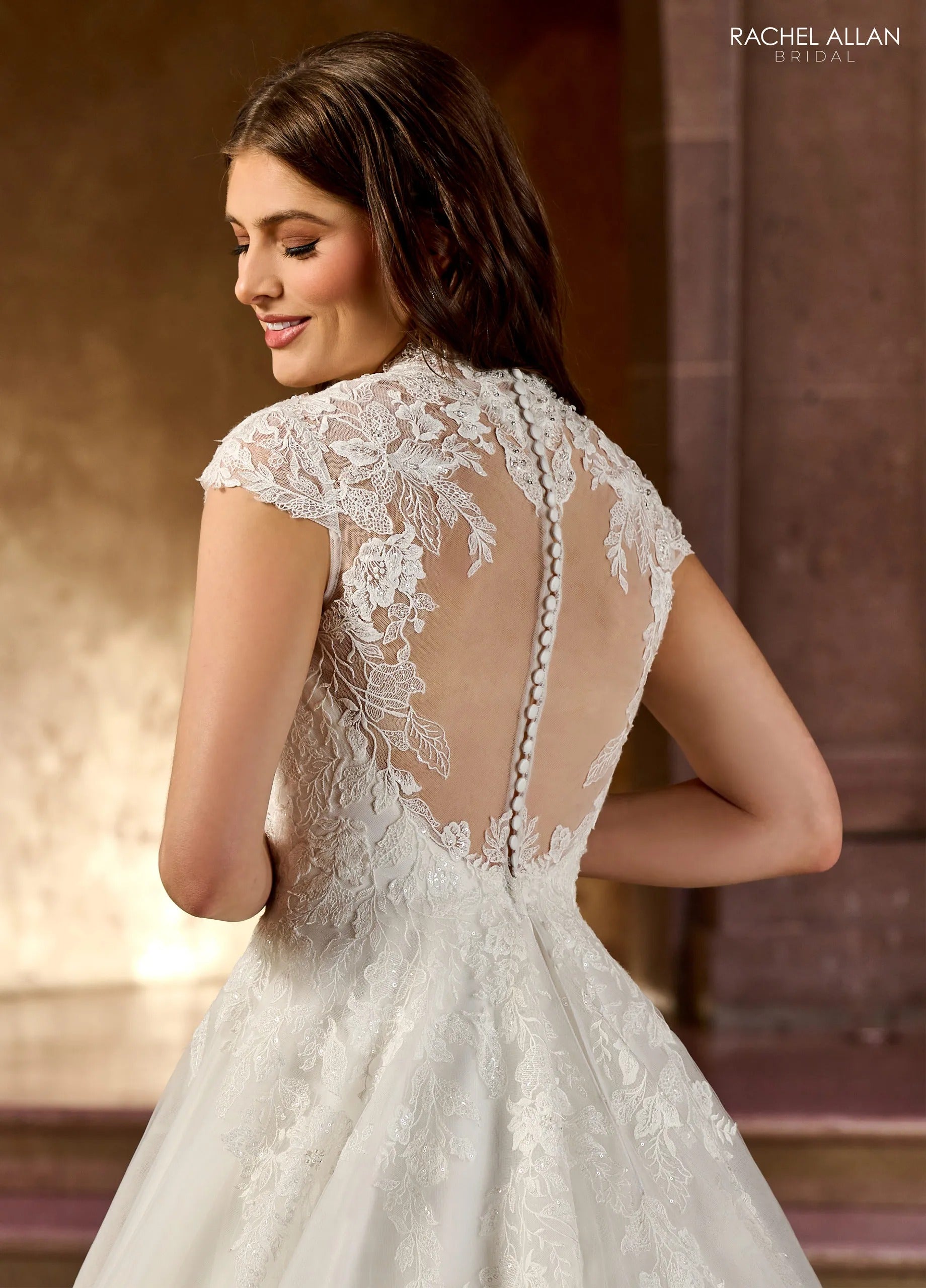 Ivory V-Neck Floor-Length Tulle Ball Gown with Applique Mini Sleeves Rachel Allan RB3193