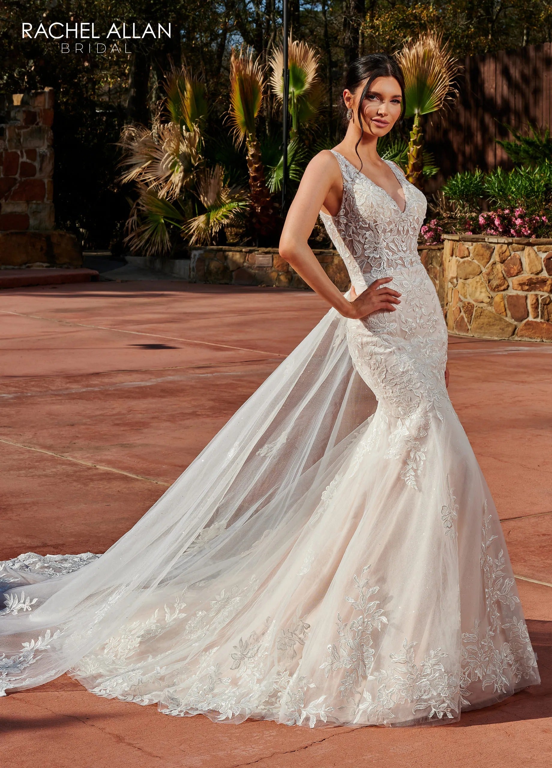 Ivory Champagne V-Neck Floor-Length Glitter Tulle Mermaid Wedding Gown with Scallop Train Rachel Allan RB3168