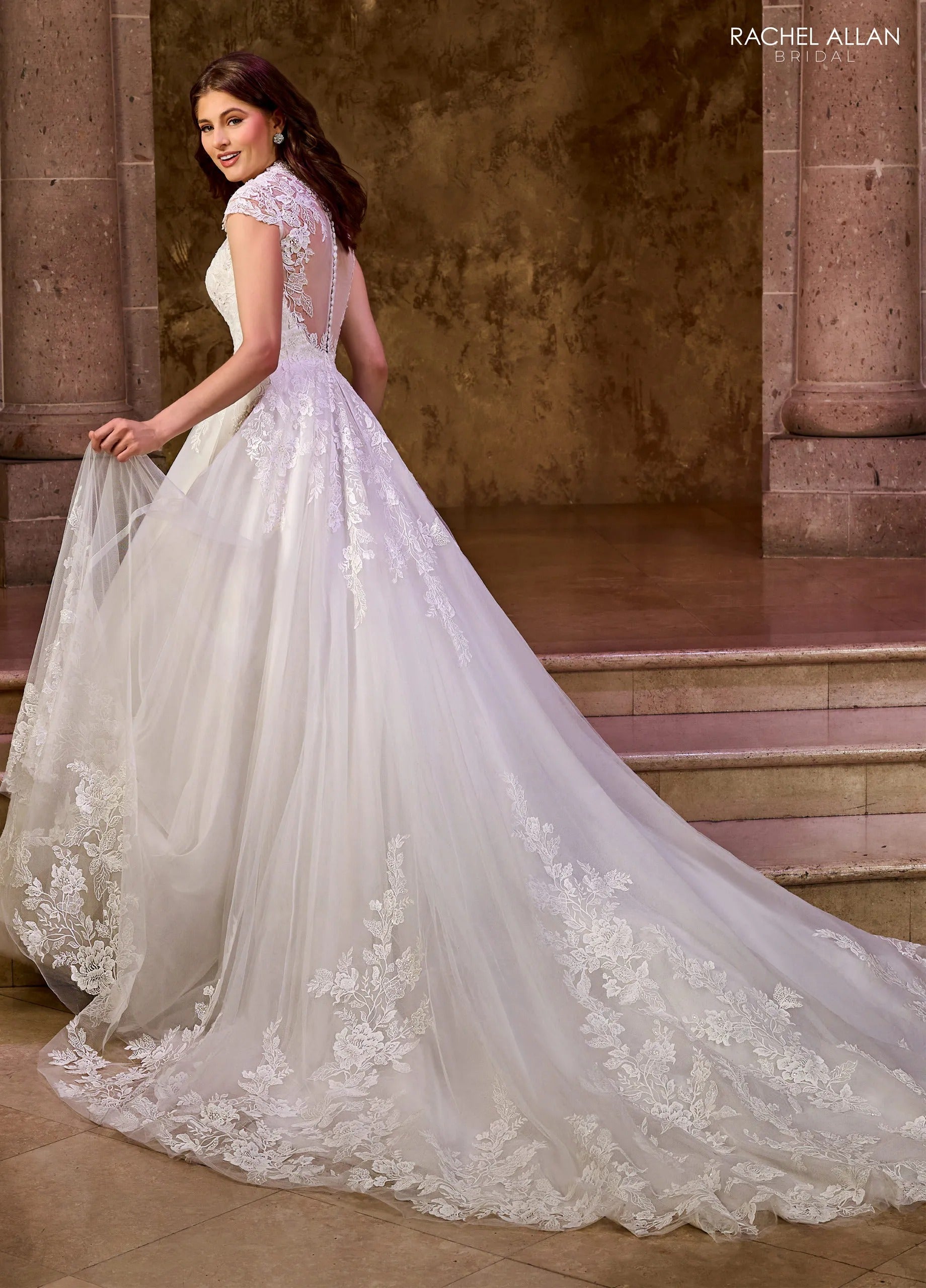 Ivory V-Neck Floor-Length Tulle Ball Gown with Applique Mini Sleeves Rachel Allan RB3193