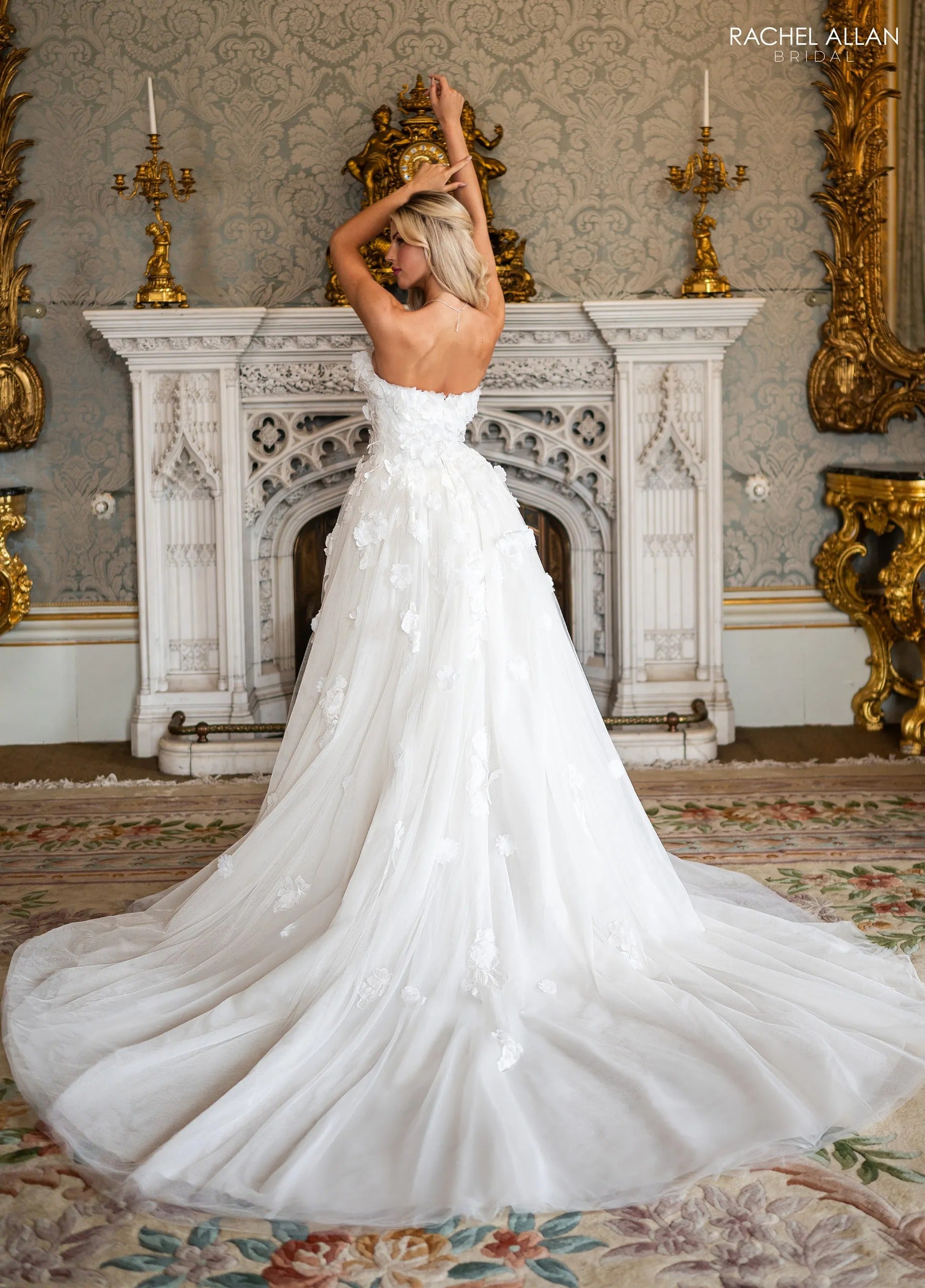 Ivory Strapless Floor-Length Airy Net Wedding Dress Ballgown with 3D Floral Appliqué Rachel Allan RB3252